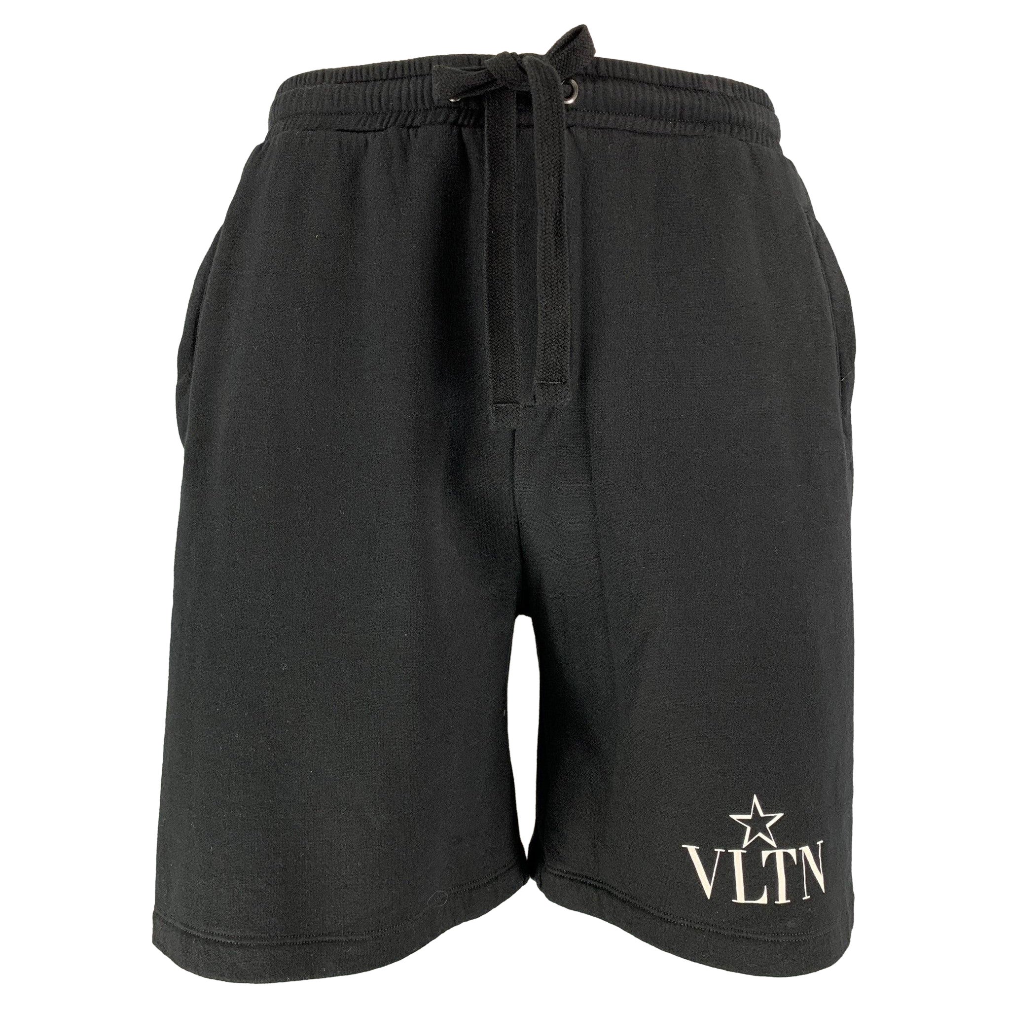 VALENTINO Size L Black Solid Cotton Polyamide Elastic Waistband Shorts en vente