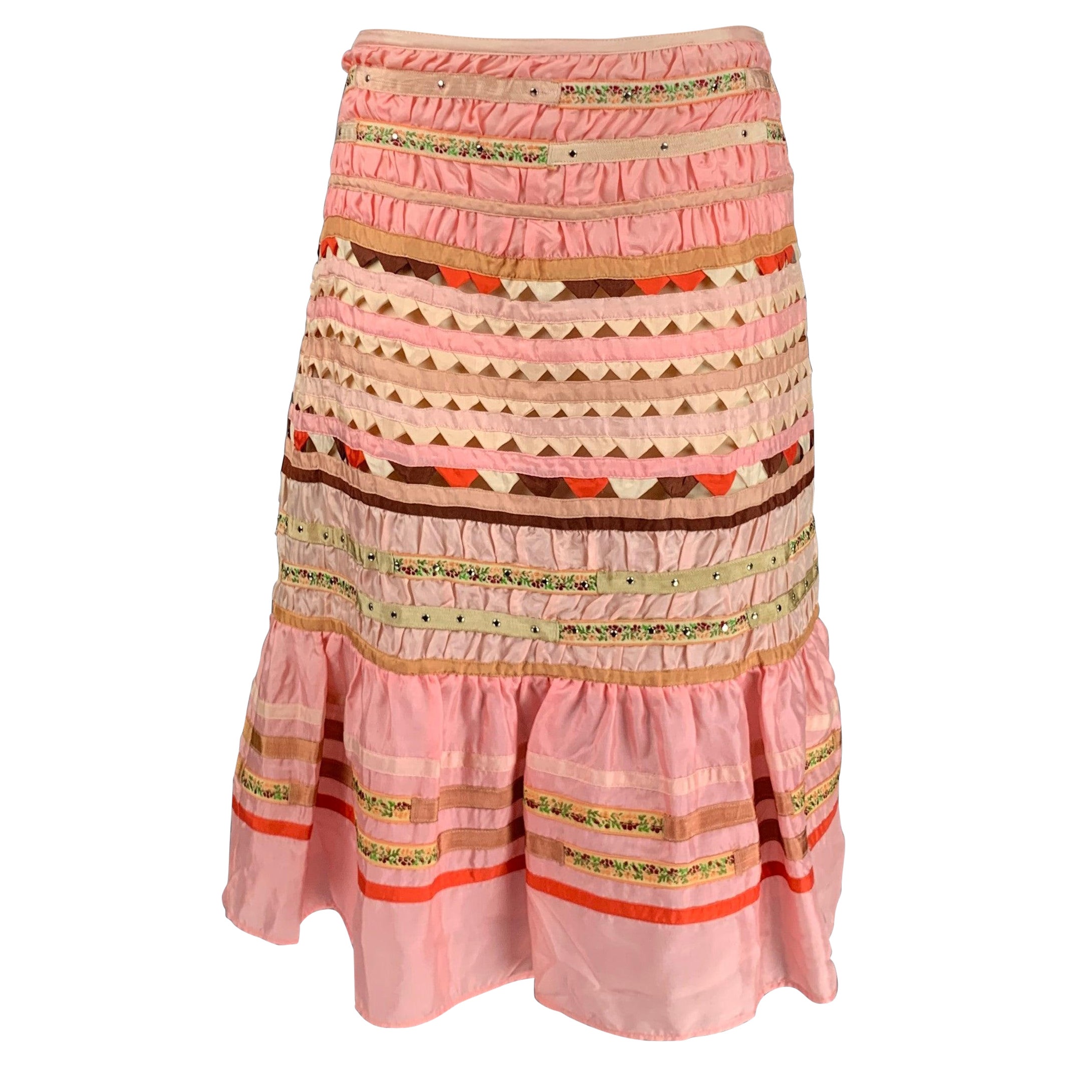 BLUMARINE Size 4 Pink Beige Silk Ruffled A-Line Skirt For Sale