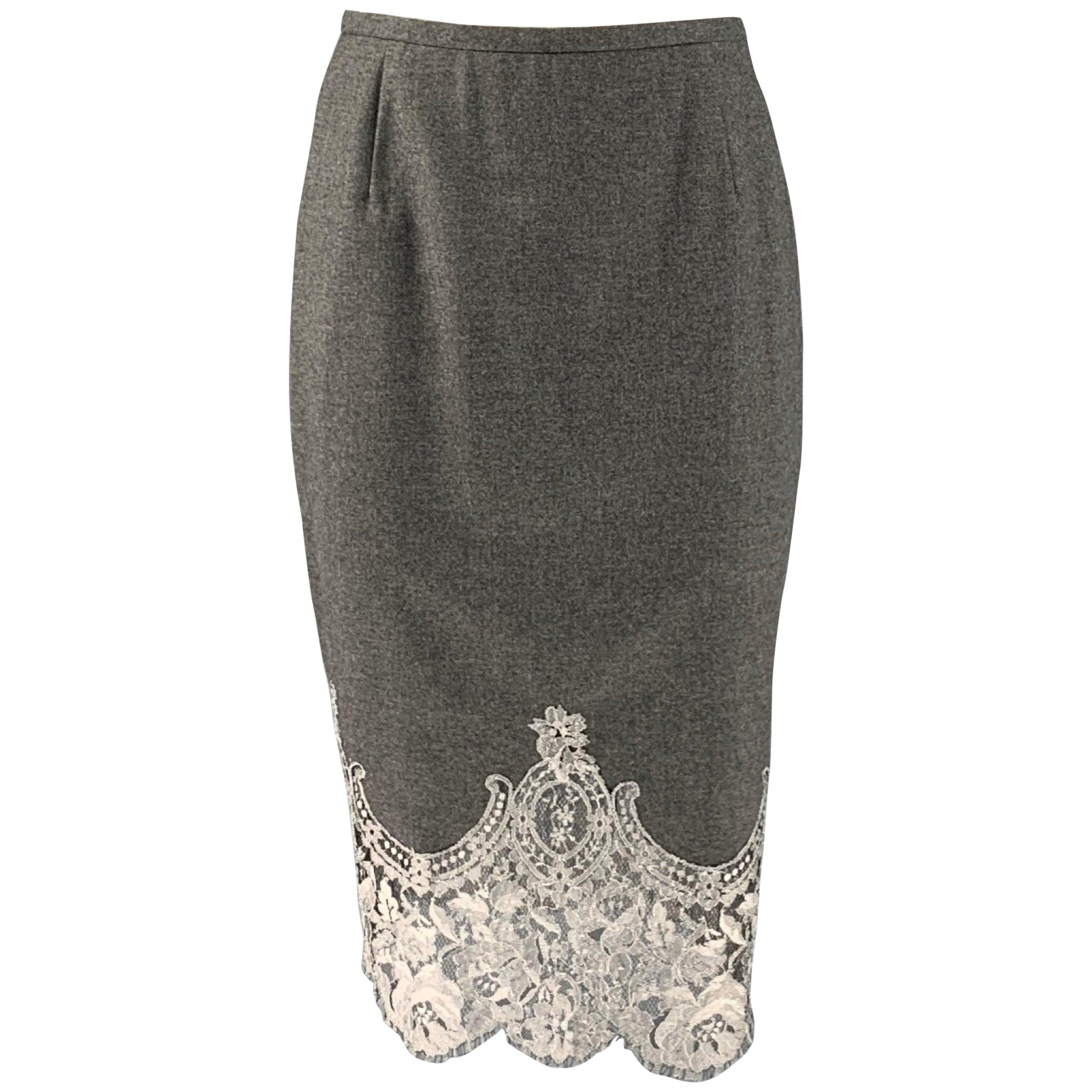 ESCADA Size 6 Grey Silver Wool Cashmere Lace Pencil Mid-Calf Skirt For Sale