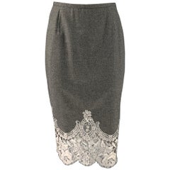 ESCADA Size 6 Grey Silver Wool Cashmere Lace Pencil Mid-Calf Skirt