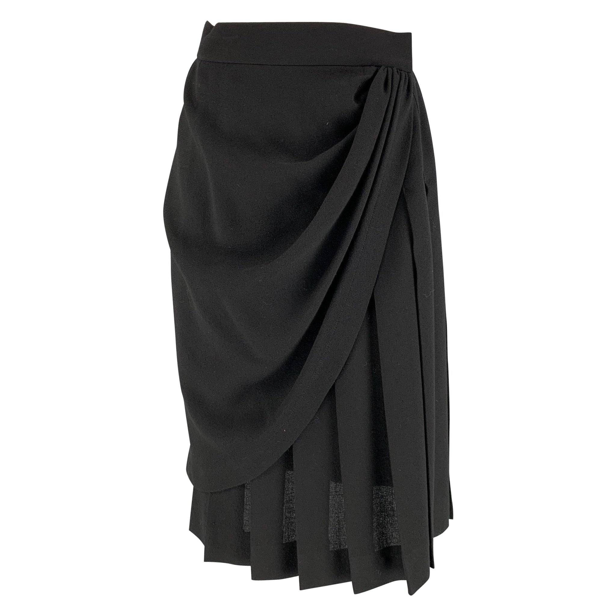 YVES SAINT LAURENT Rive Gauche Size 6 Black Wool Pleated Wrap Below Knee Skirt For Sale