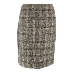 VALENTINO Size 12 Grey Cream Wool Polyamide Plaid Pencil Skirt