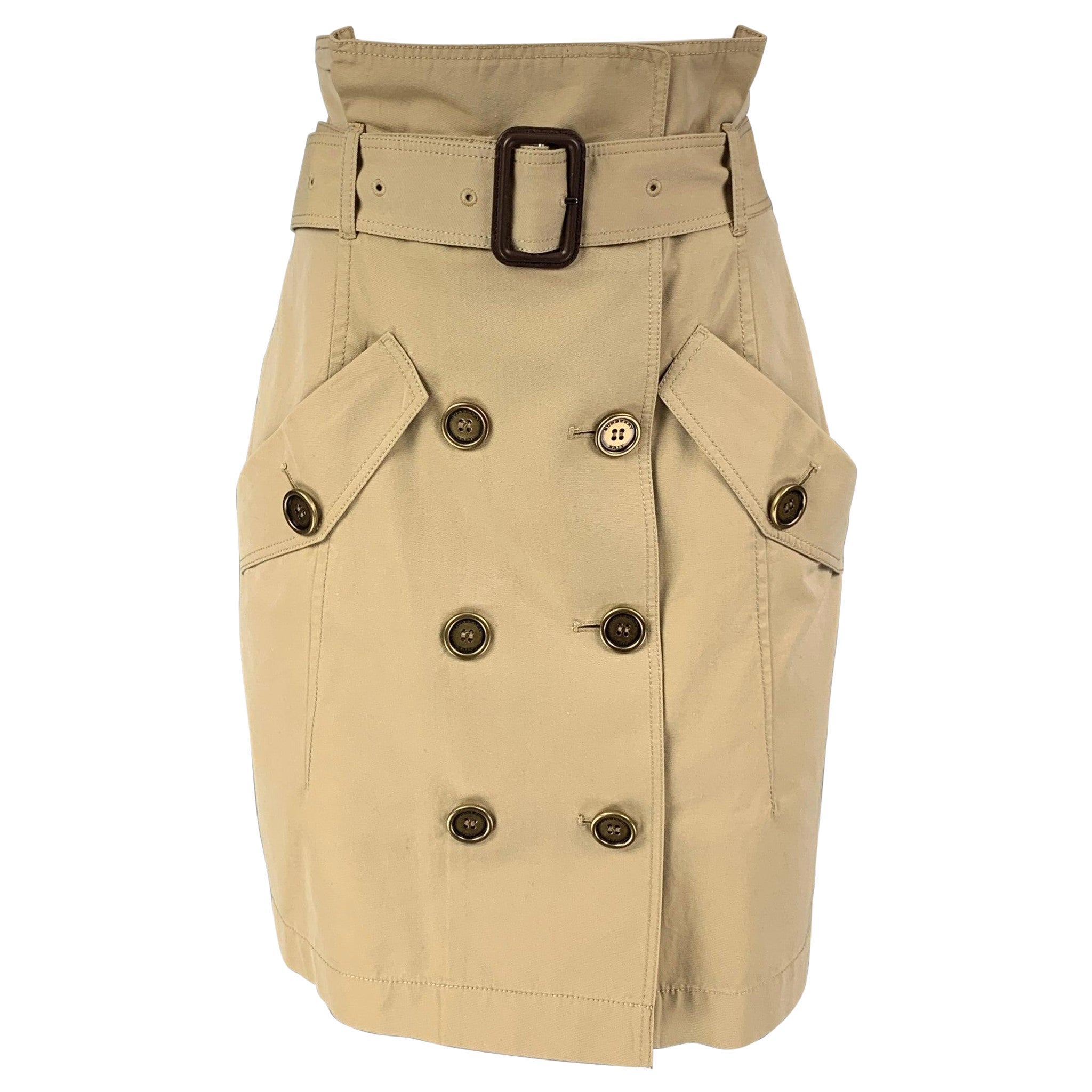 BURBERRY BRIT Size 6 Khaki Cotton Double Breasted Belted Skirt For Sale