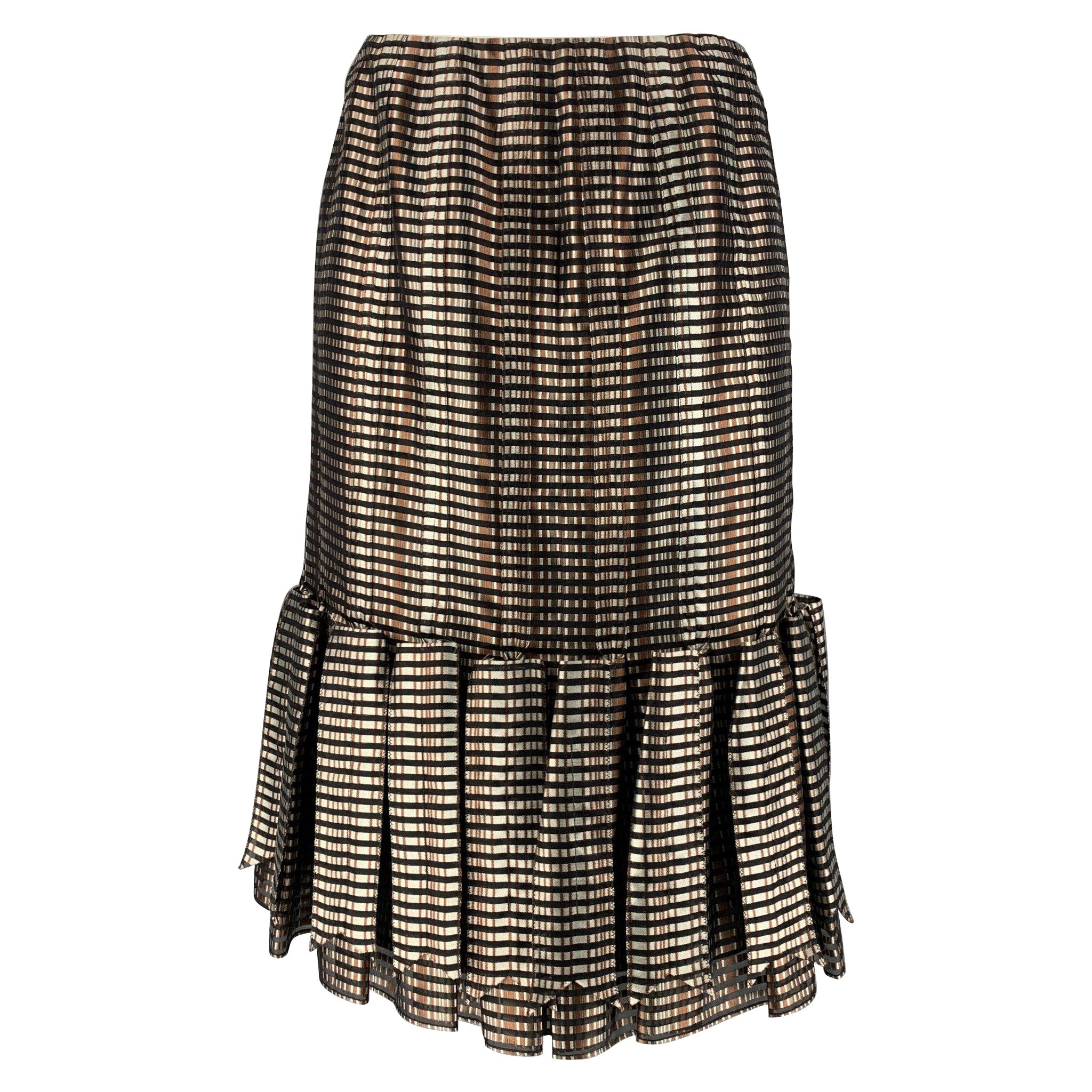 CAROLINA HERRERA Size 4 Grey,  Black &  Brown Silk Checkered Pleated Skirt