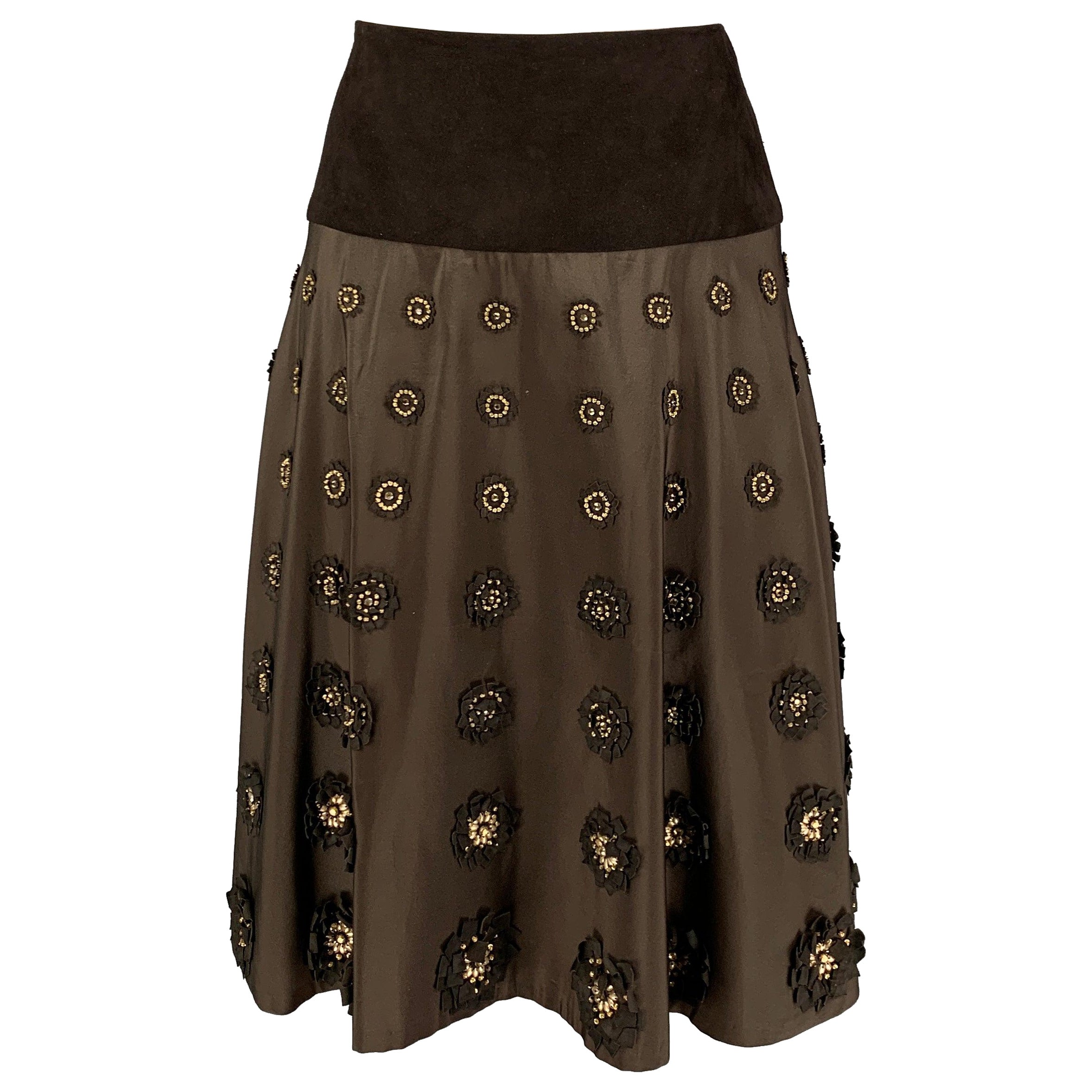 NAEEM KHAN Size 4 Brown Gold Silk Applique Circle Skirt For Sale