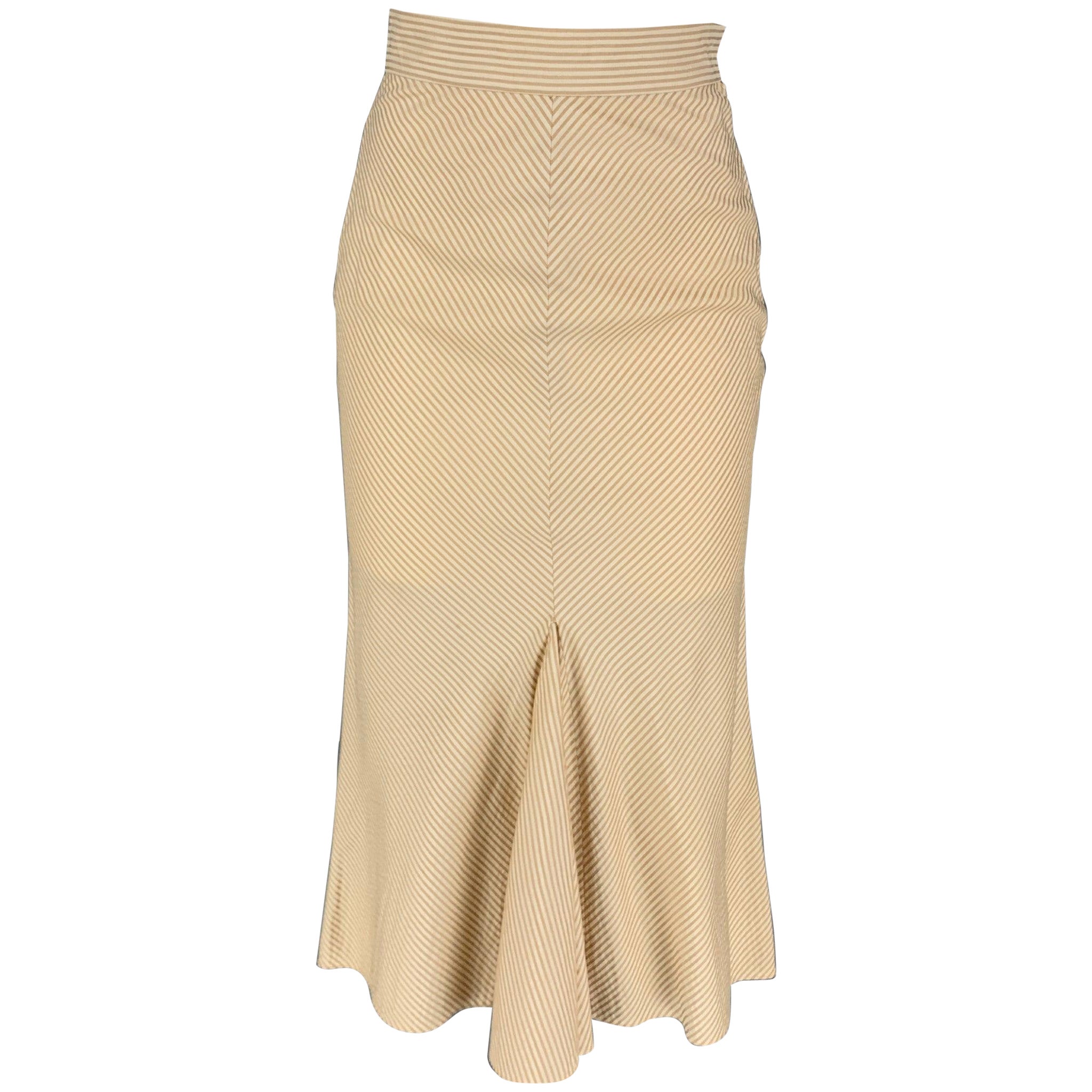 ZAC POSEN Size 6 Beige Cream Silk Stripe Mid-Calf Skirt For Sale