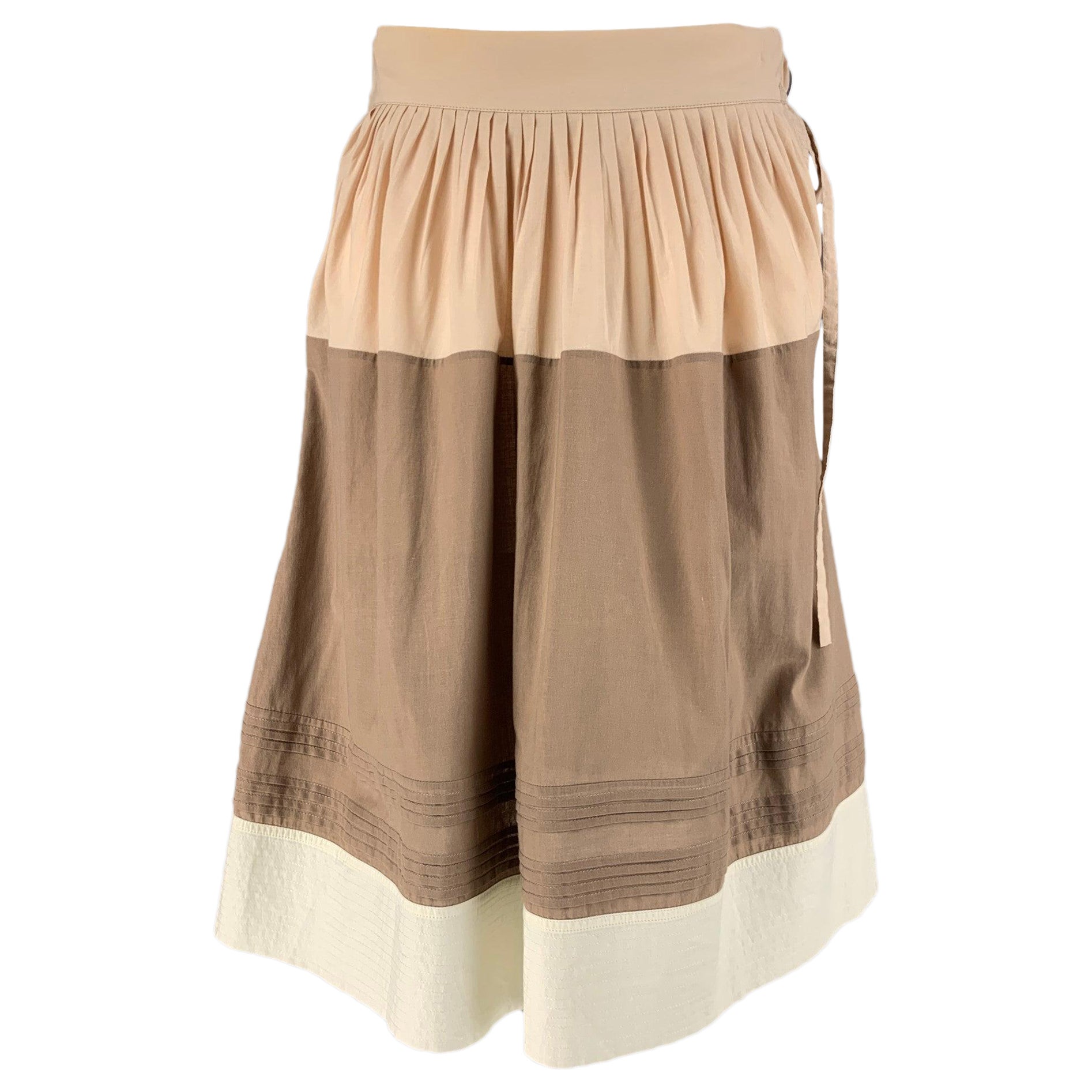 MARNI Size 2 Beige &  Brown Cotton Pleated A-Line Skirt For Sale