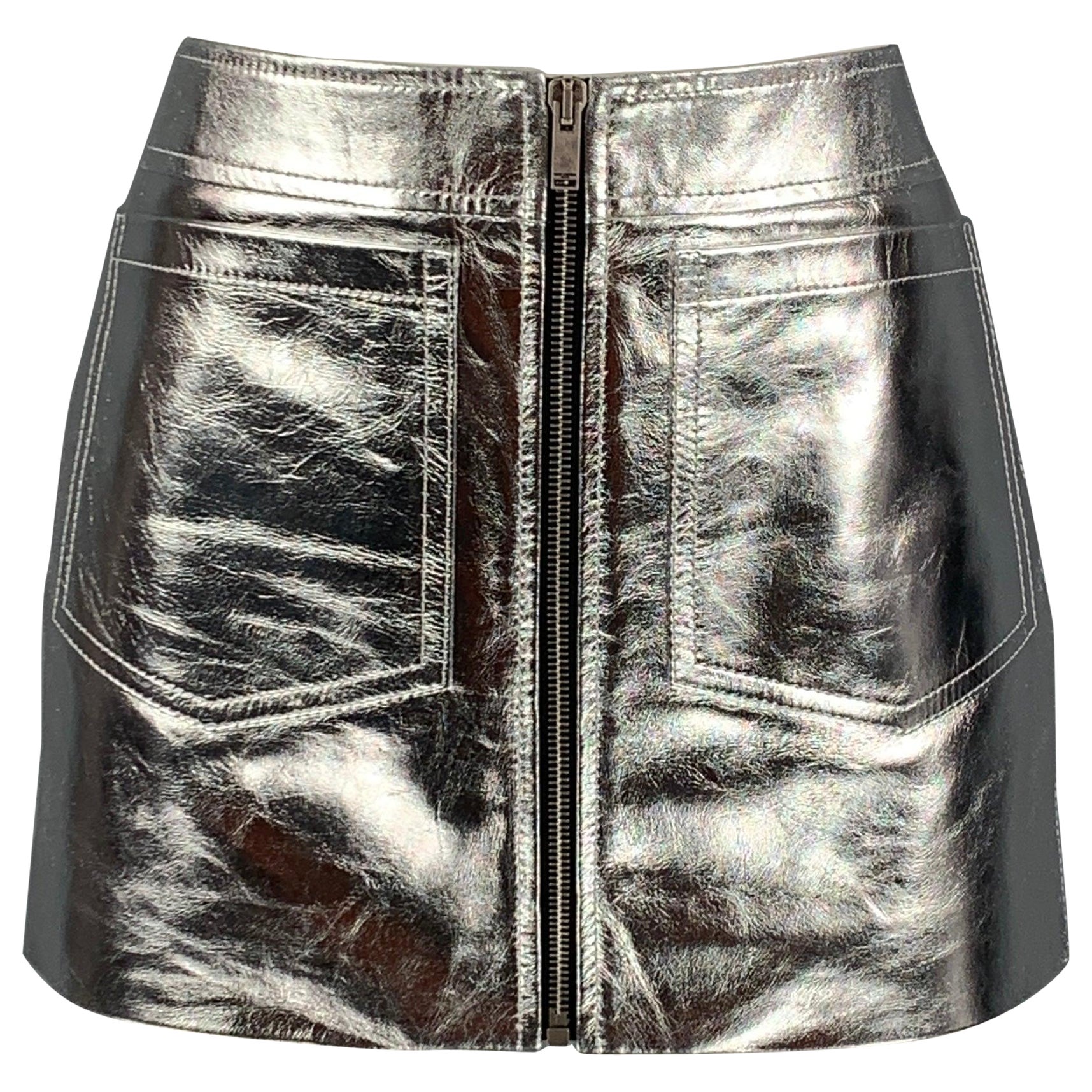 SAINT LAURENT 2022 Size 4 Silver Leather High Waist Mini Skirt For Sale