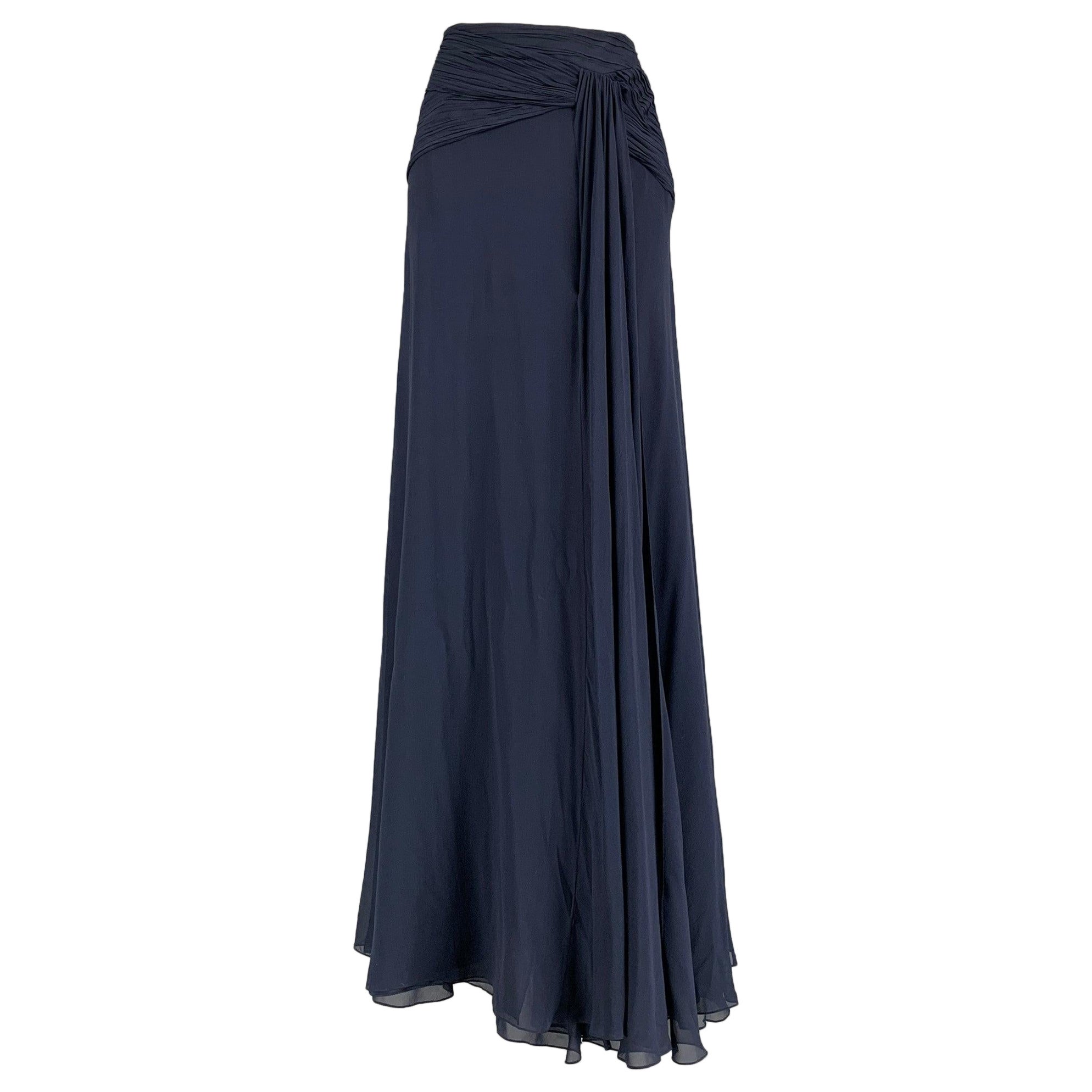 RALPH LAUREN Size 6 Navy Silk Solid Slits Long Skirt For Sale