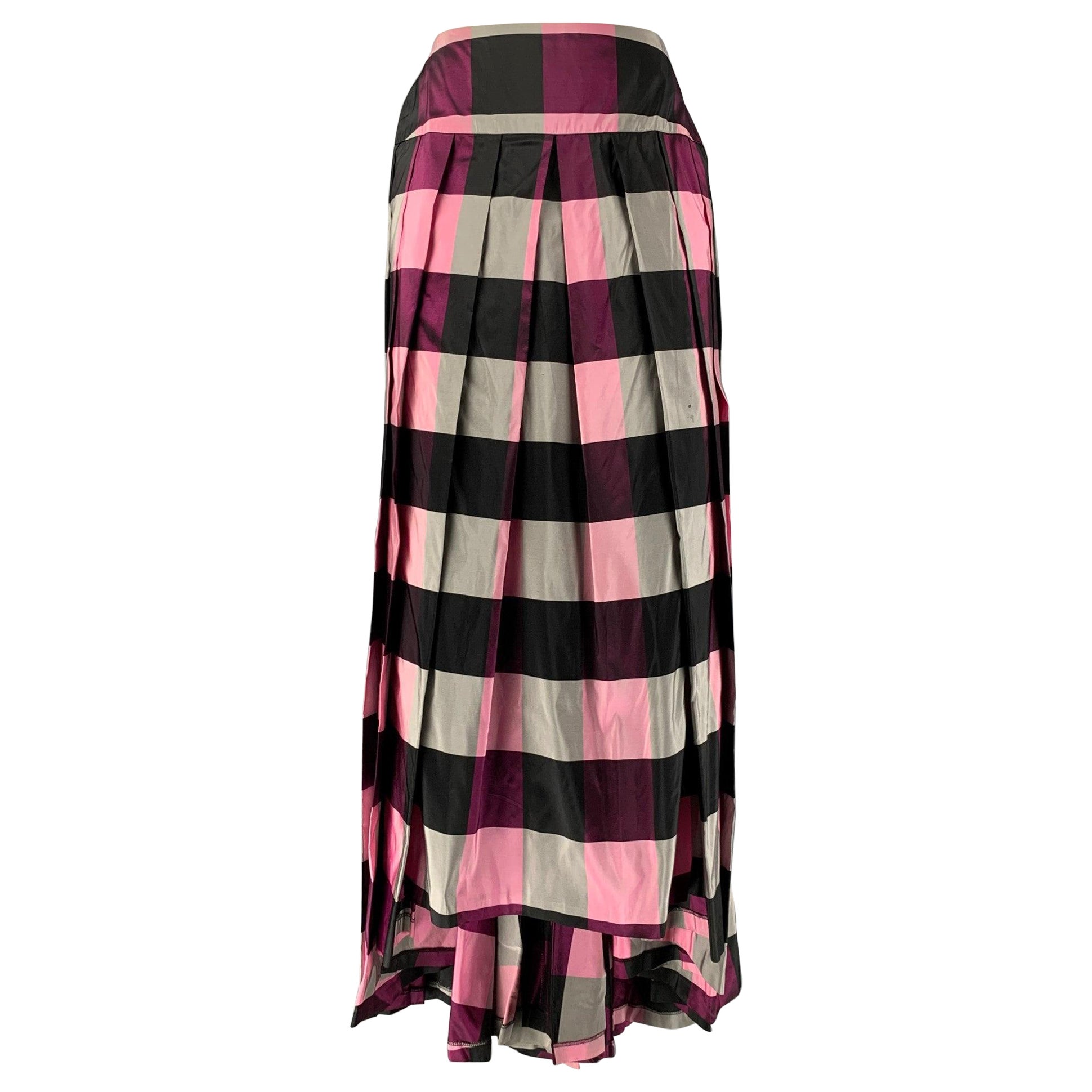 BALMAIN Size 6 Pink, Purple, Black & Grey Silk Checkered Pleated Long Skirt For Sale