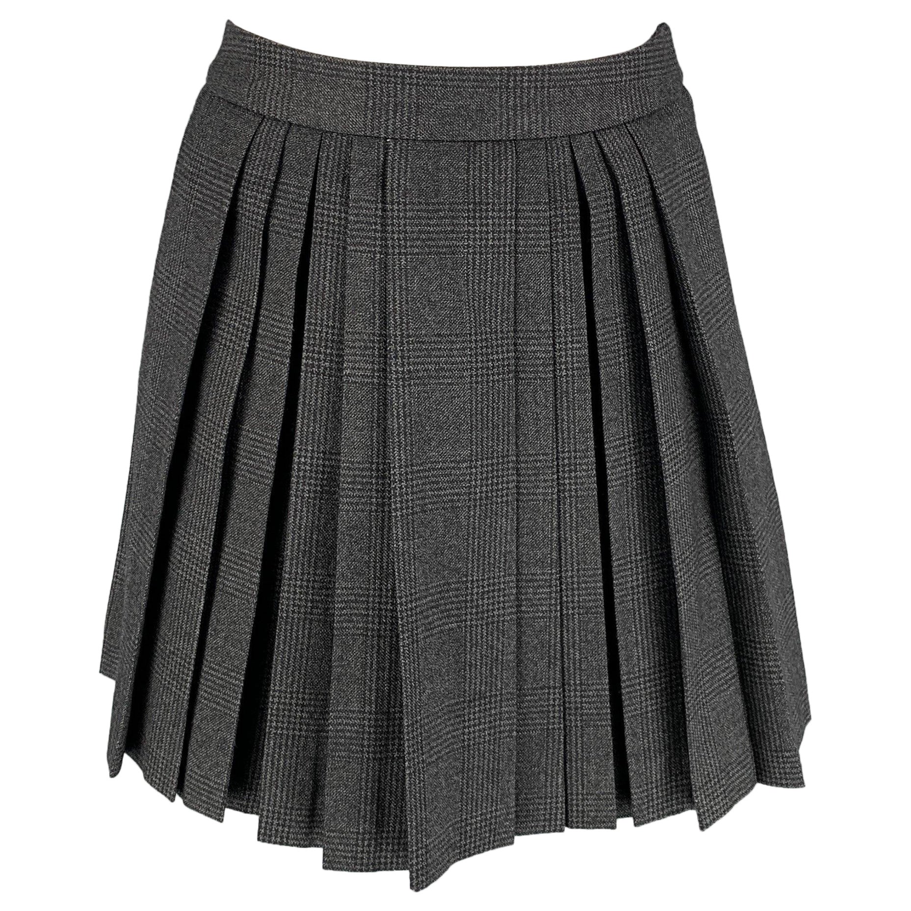 CELINE Size 4 Charcoal Plaid Wool Pleated Mini Skirt For Sale