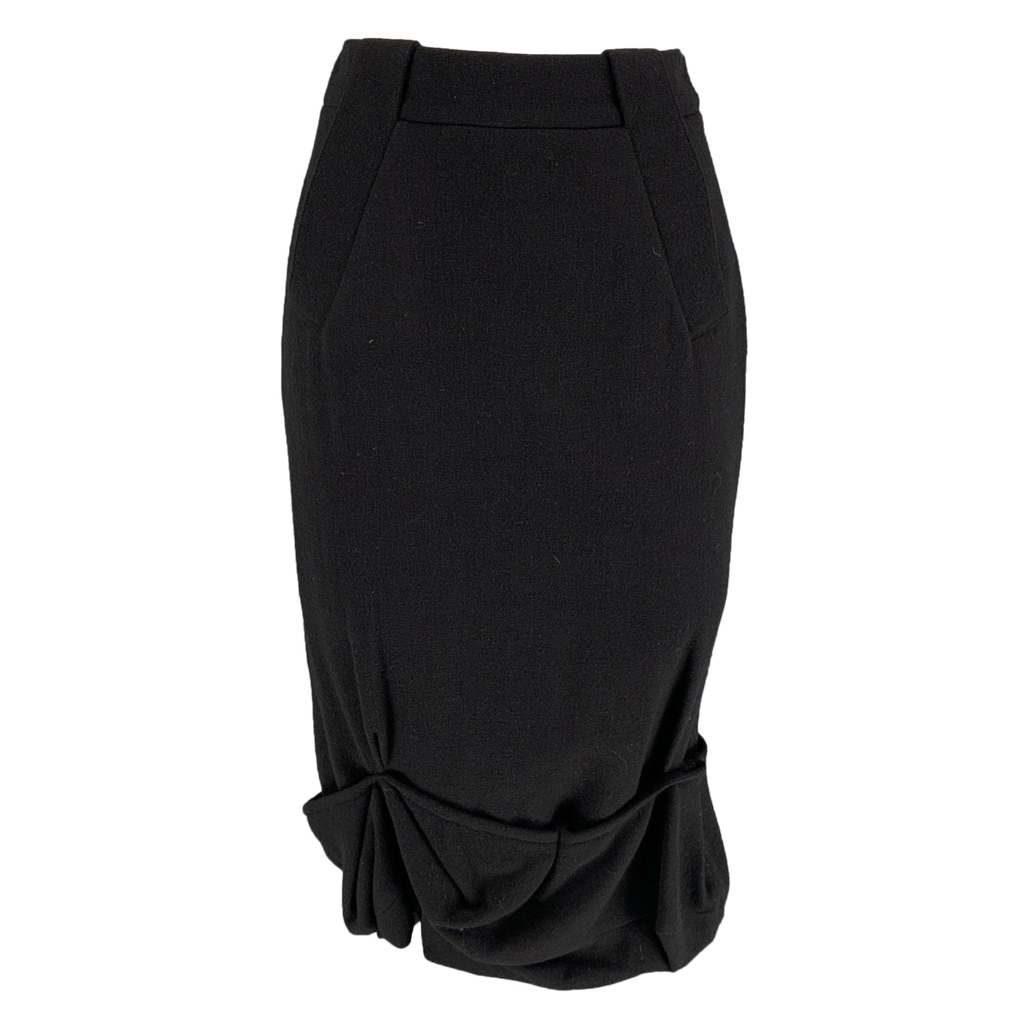 GIVENCHY Size 4 Black Wool Ruffled Pencil Mid-Calf Skirt For Sale