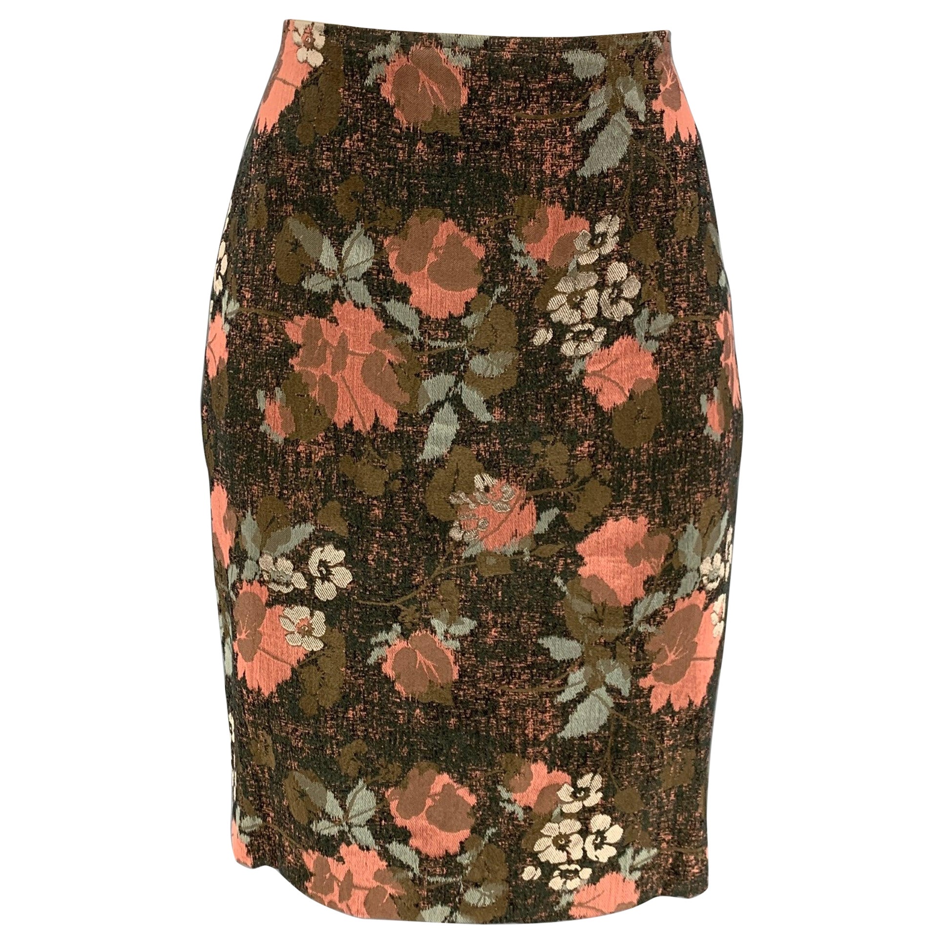 DRIES VAN NOTEN Size 6 Black Pink Green Silver Cotton Blend Floral Skirt For Sale