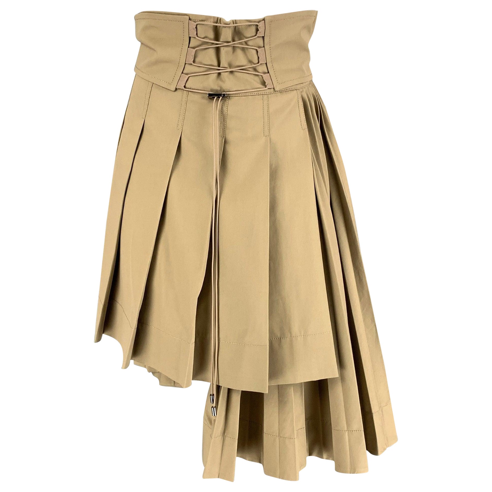 CHRISTIAN DIOR Size 4 Khaki Cotton Gabardine Pleated Asymmetrical Skirt For Sale