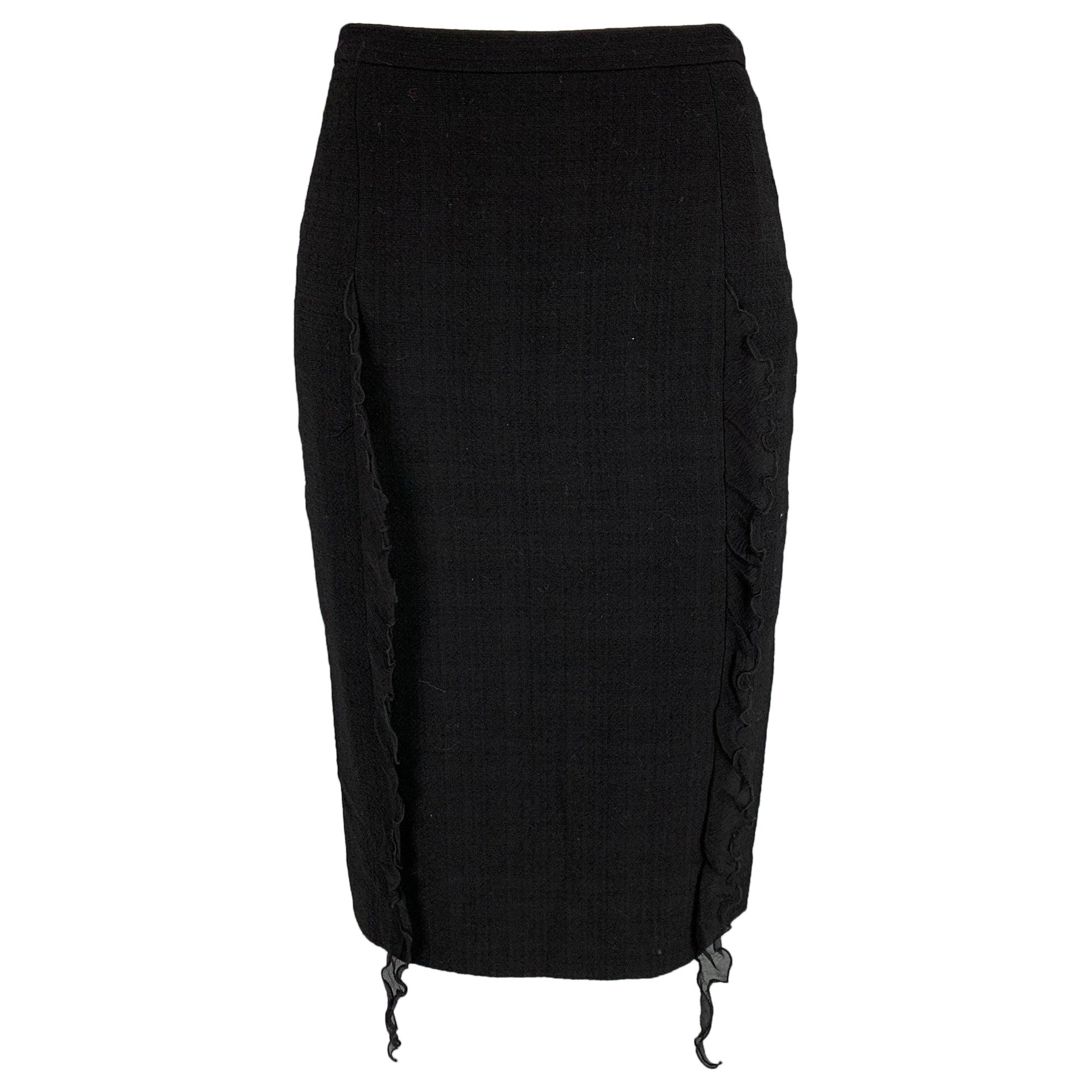 CHEAP AND CHIC by MOSCHINO Size 4 Black Silk Ruffled Pencil Below Knee Skirt For Sale
