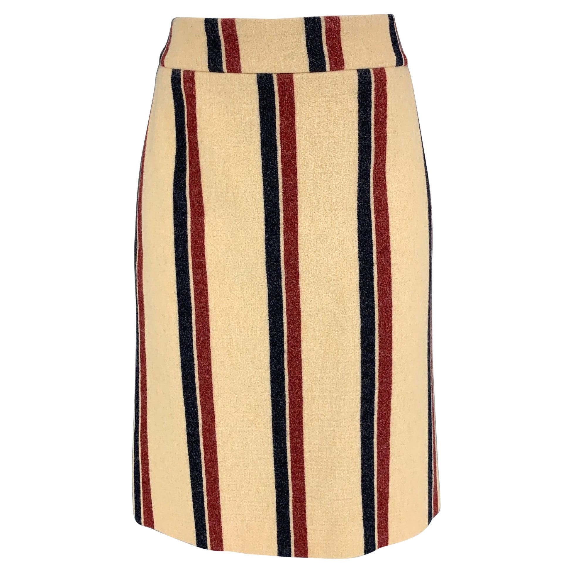 DRIES VAN NOTEN Size 8 Cream Red Navy Wool Polyamide Stripe Pencil Skirt For Sale