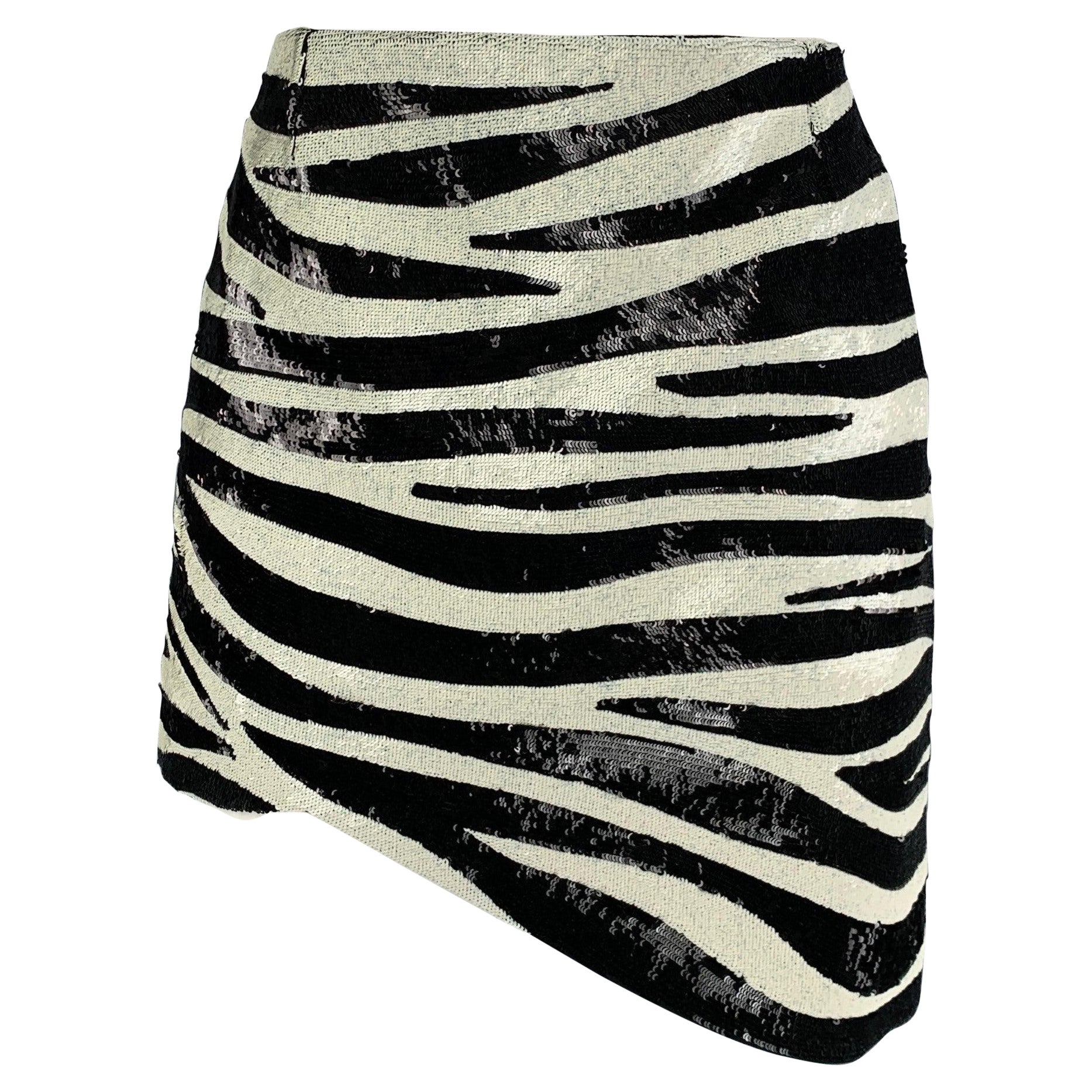 SAINT LAURENT Size 2 Cream Zebra Print Acetate Viscose Sequined Mini Skirt For Sale