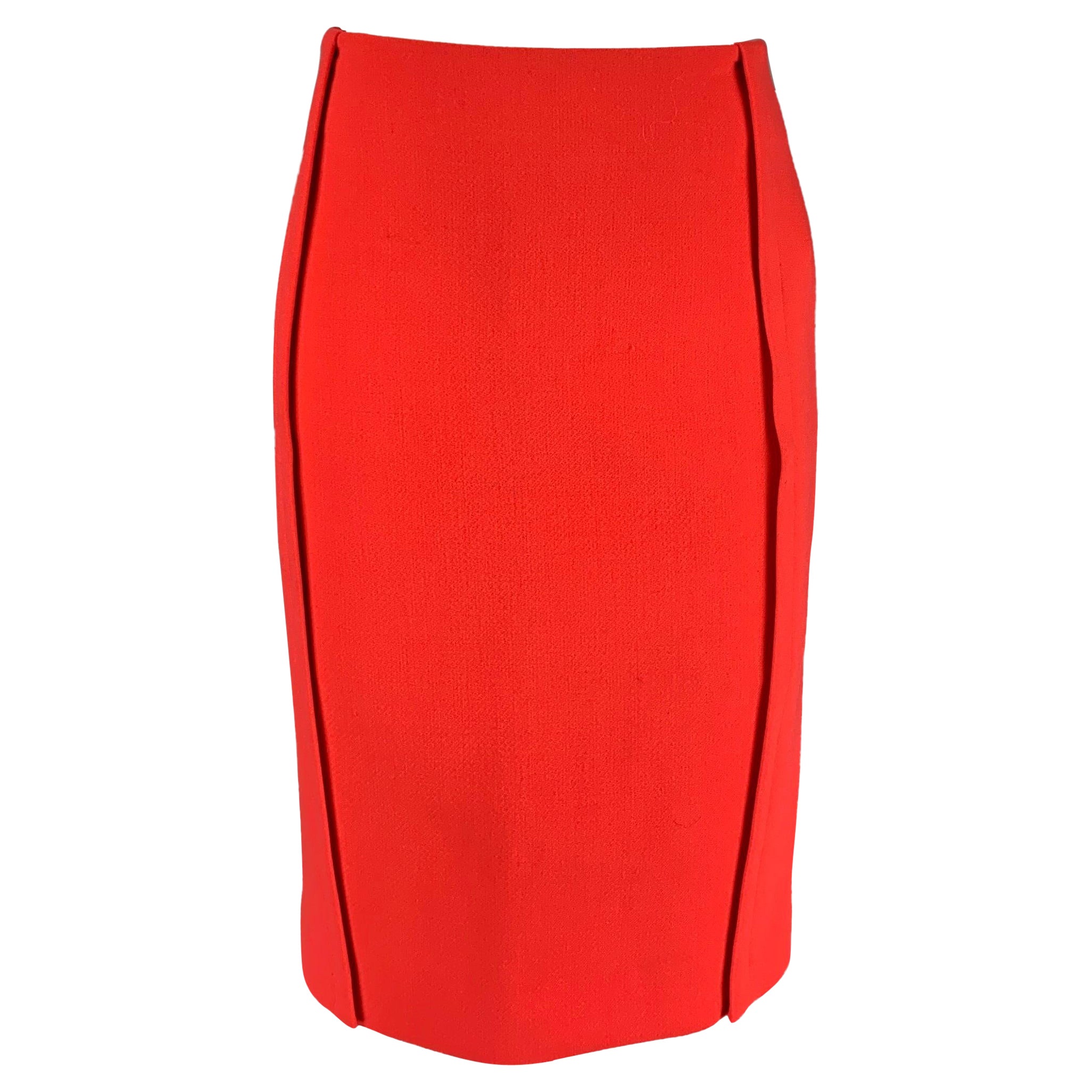 CALVIN KLEIN COLLECTION Size 0 Orange Wool Below Knee Pencil Skirt For Sale