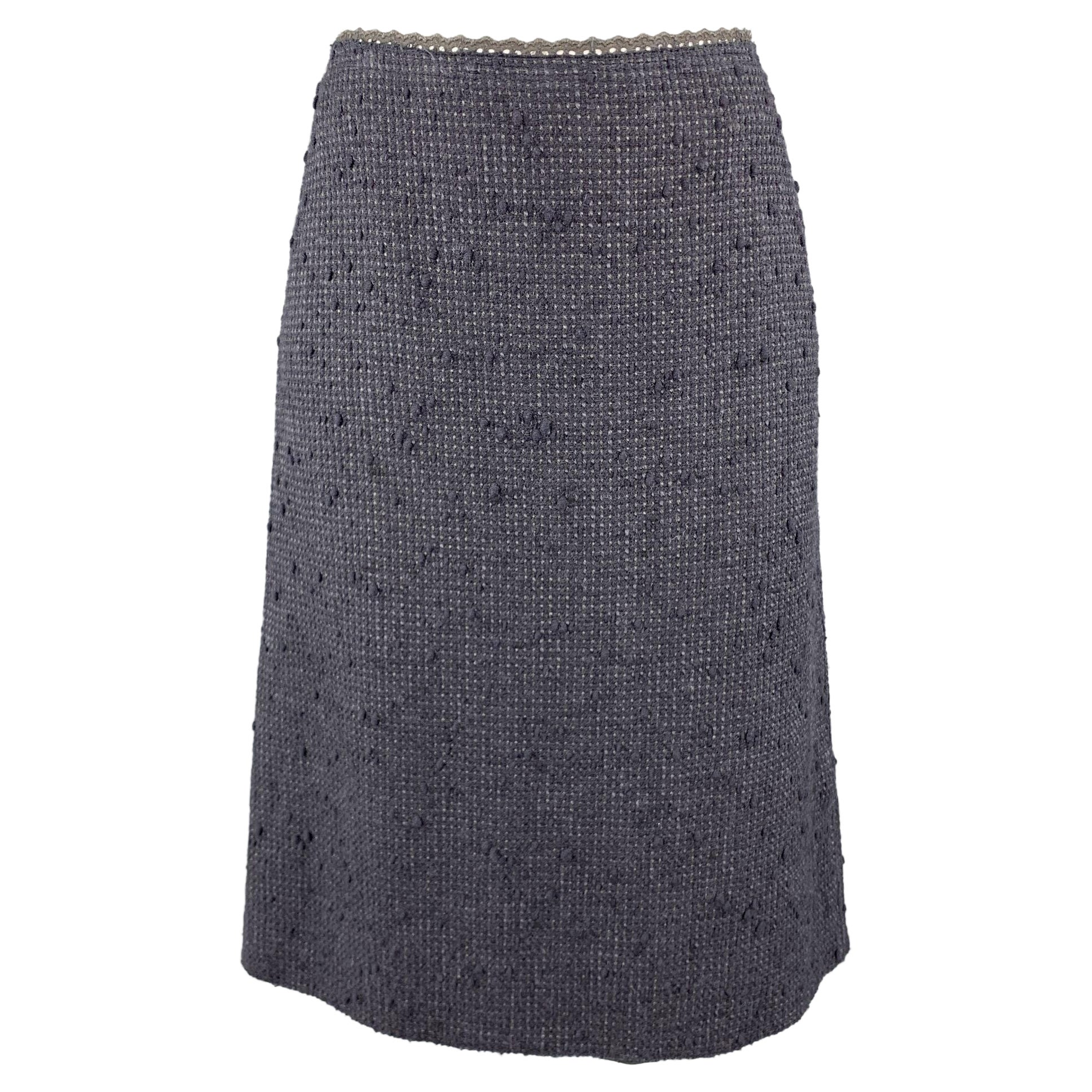 PRADA Size 6 Navy Cotton Blend Textured Tweed Lace Trime A Line Skirt For Sale