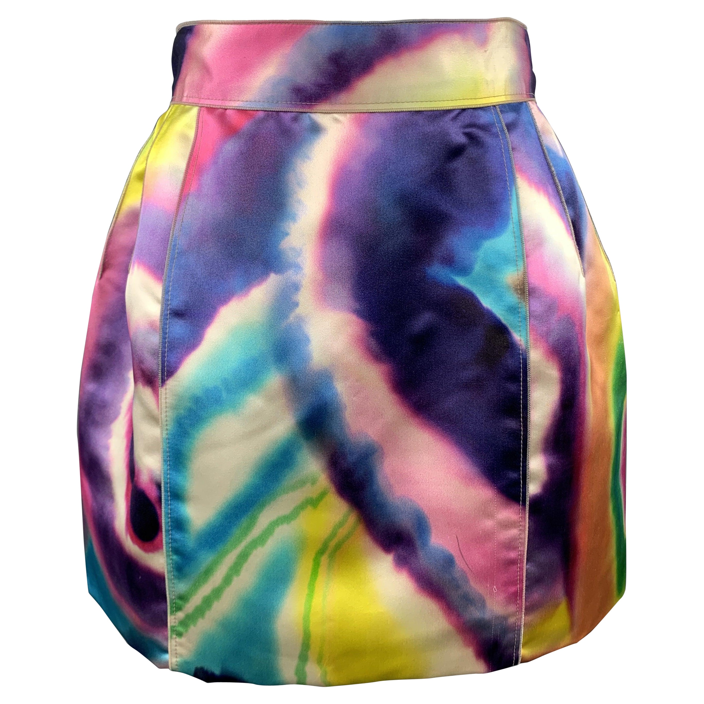 DOLCE & GABBANA Size 2 Multi-Color Watercolor Silk Satin Skirt For Sale