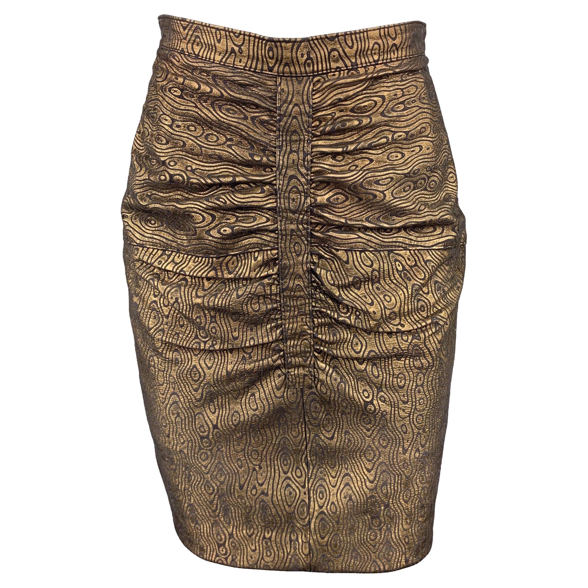 HARRODS Size 8 Black & Gold Abstract Leather Ruched Skirt For Sale