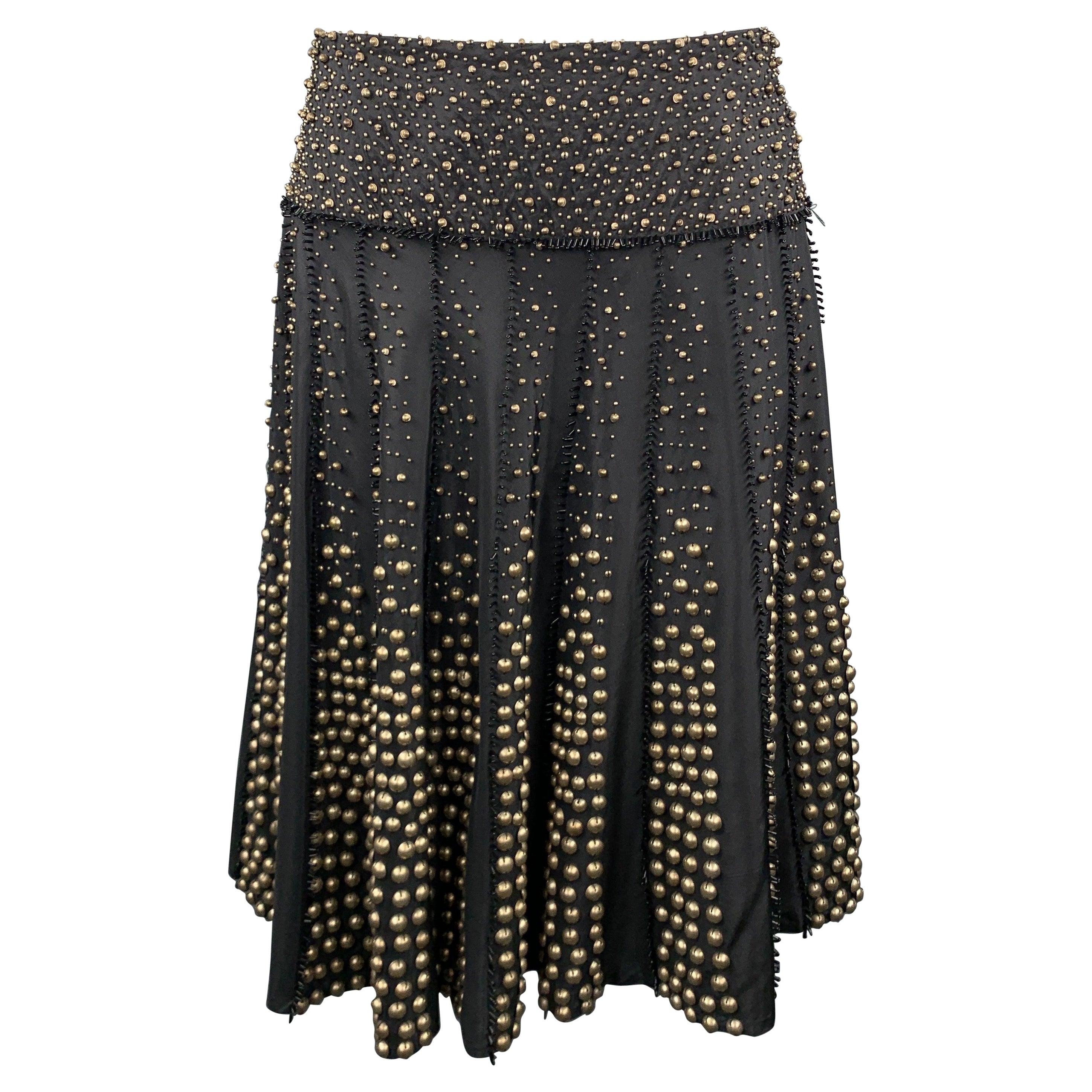 NAEEM KHAN Size 6 Black Gold Tone Metal Beaded Silk A Line Skirt For Sale
