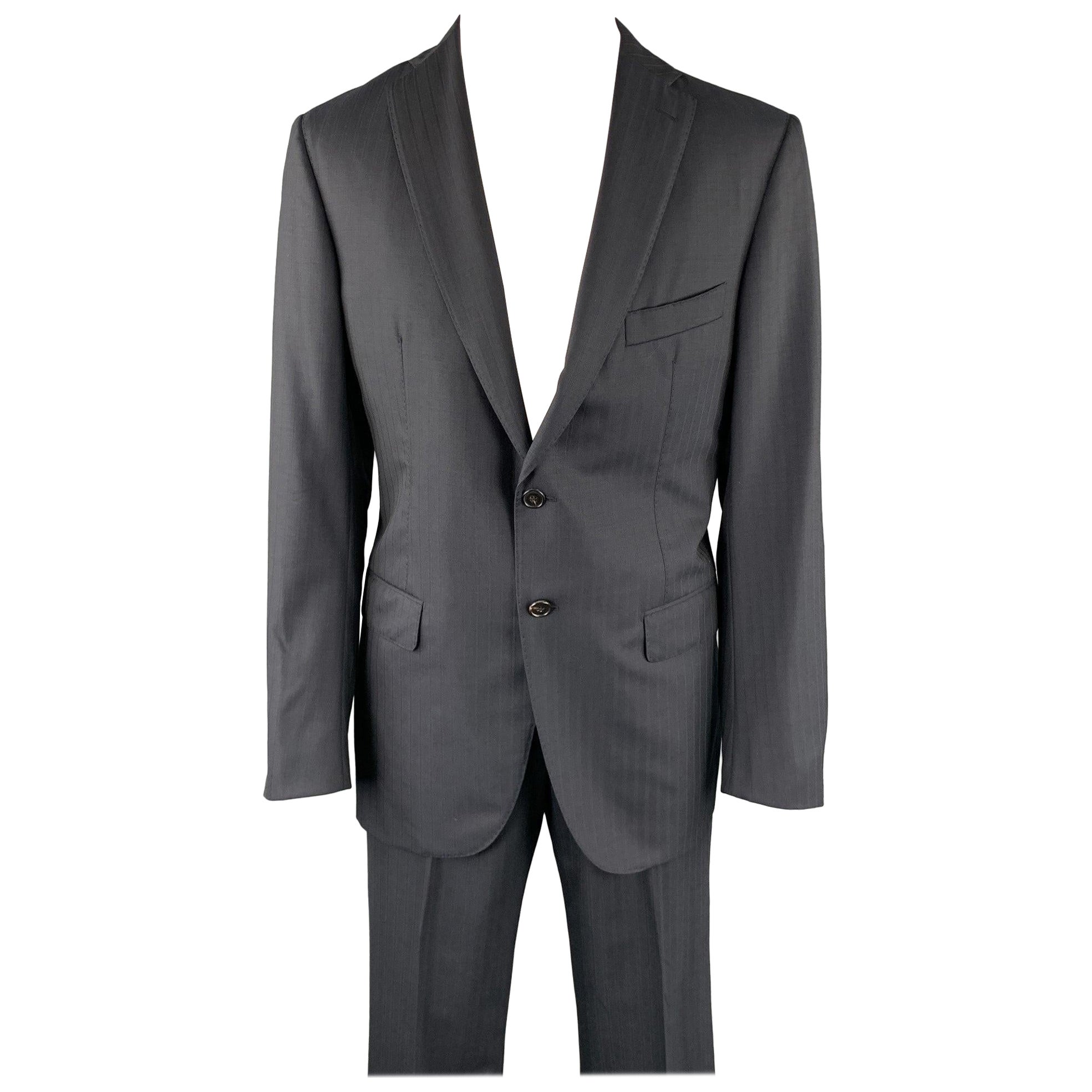 BELVEST Size 42 Long Black Stripe Wool Notch Lapel Suit For Sale