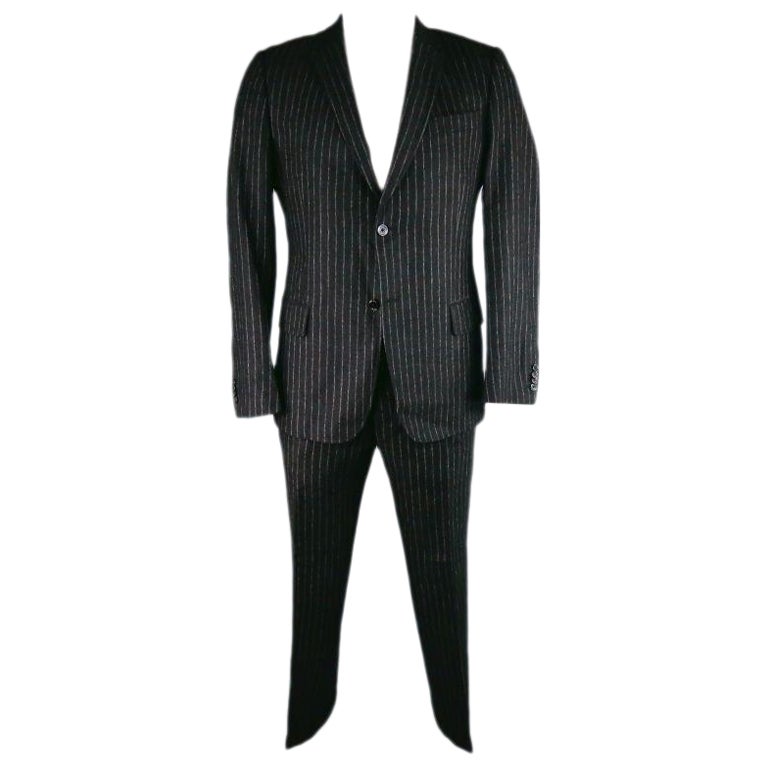 DANIELE ALESSANDRINI Size 44 Short Charcoal Chalkstripe Wool Notch Lapel Suit For Sale