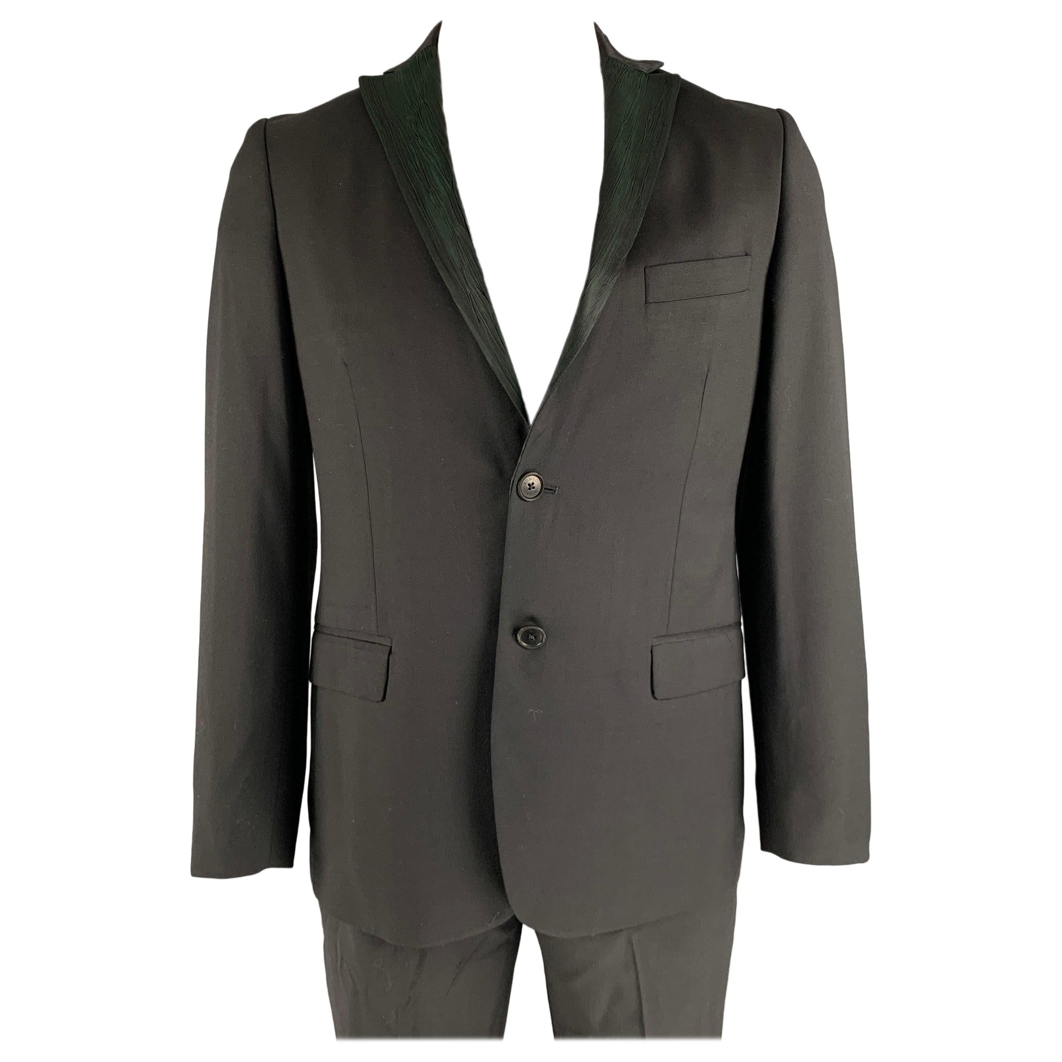 ROMEO GIGLI Size 42 Black Green Solid Wool Notch Lapel Suit For Sale