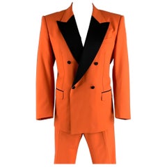 Dolce & Gabbana Size 46 Orange Black Solid Wool Silk Peak Lapel Suit