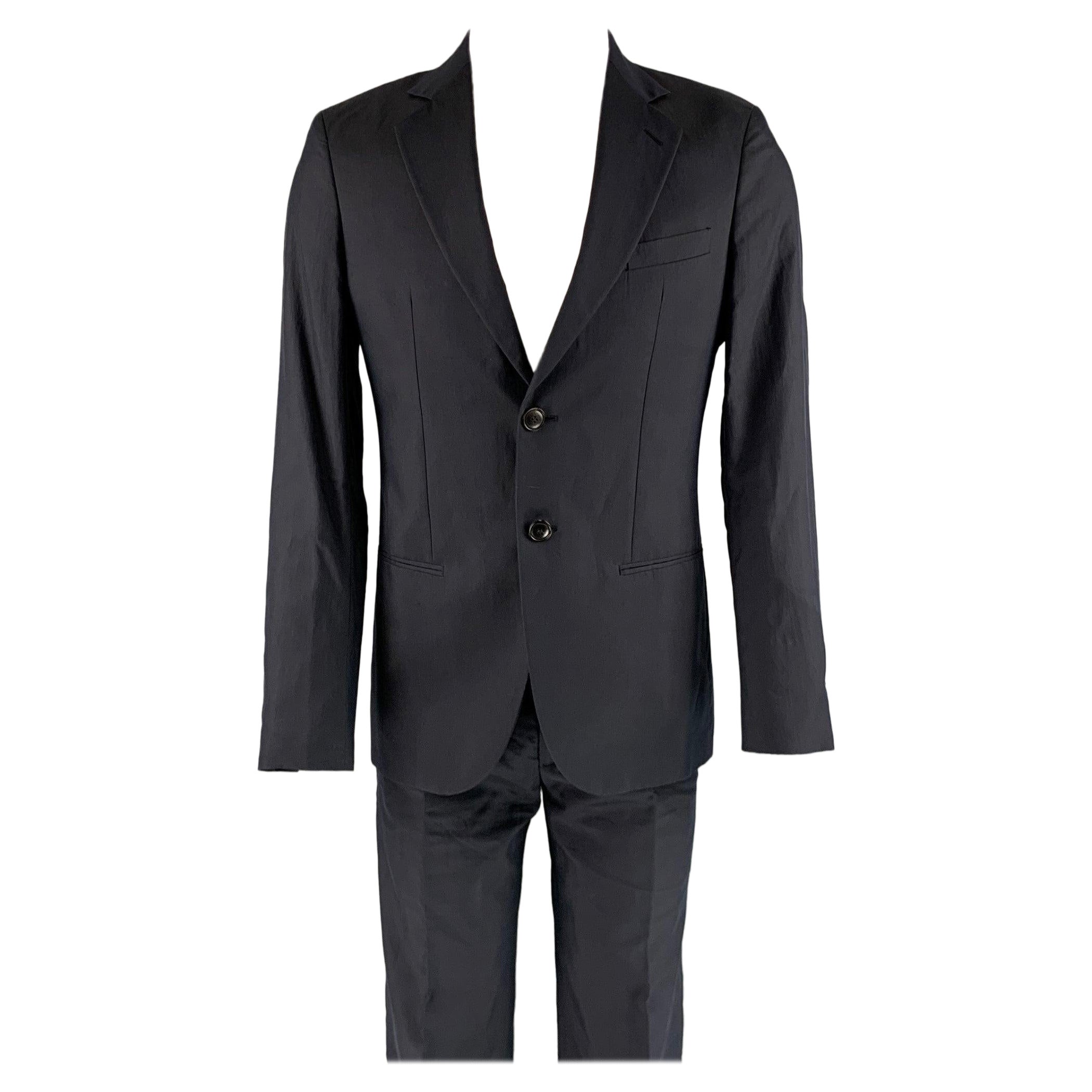 GIORGIO ARMANI Size 40 Navy Solid Cotton Silk Notch Lapel Suit For Sale