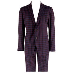 ETRO Chest Size 48 Navy Red Checkered Wool Single Breasted 37 31 Suit