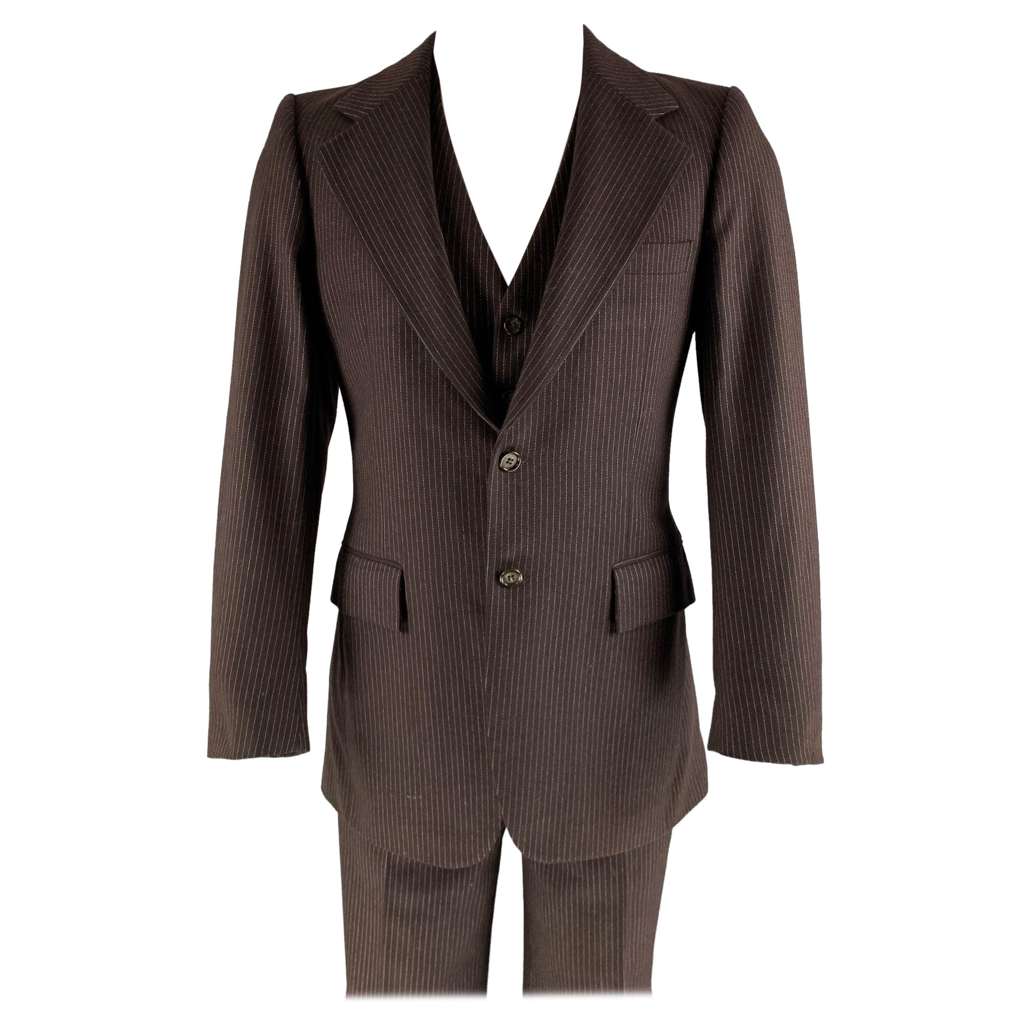 YVES SAINT LAURENT Chest Size 40 Brown White Pinstripe Single breasted 32 Suit For Sale