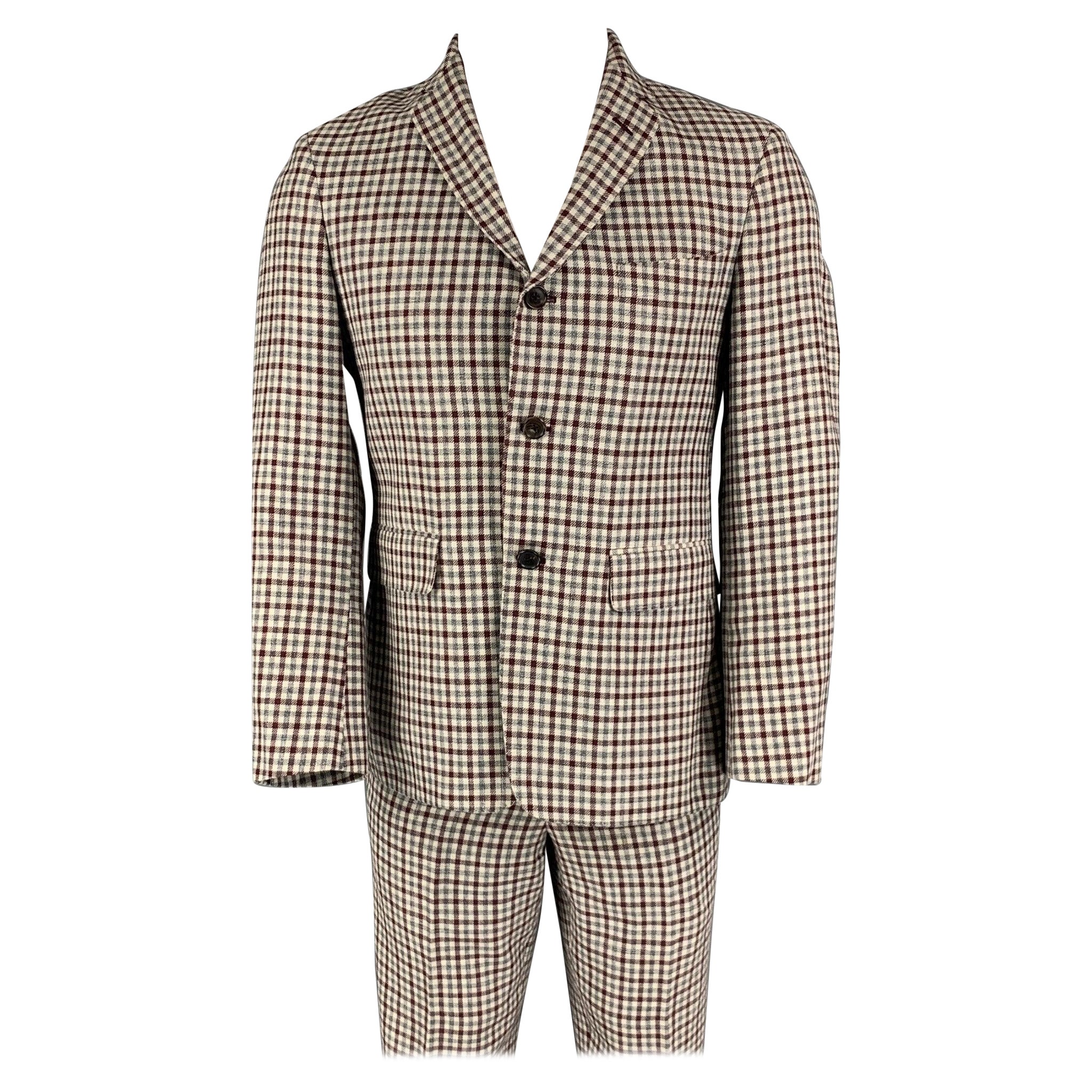 BLACK FLEECE Size 38 Burgundy Grey Cream Checkered Wool Blend 31  Suit For Sale