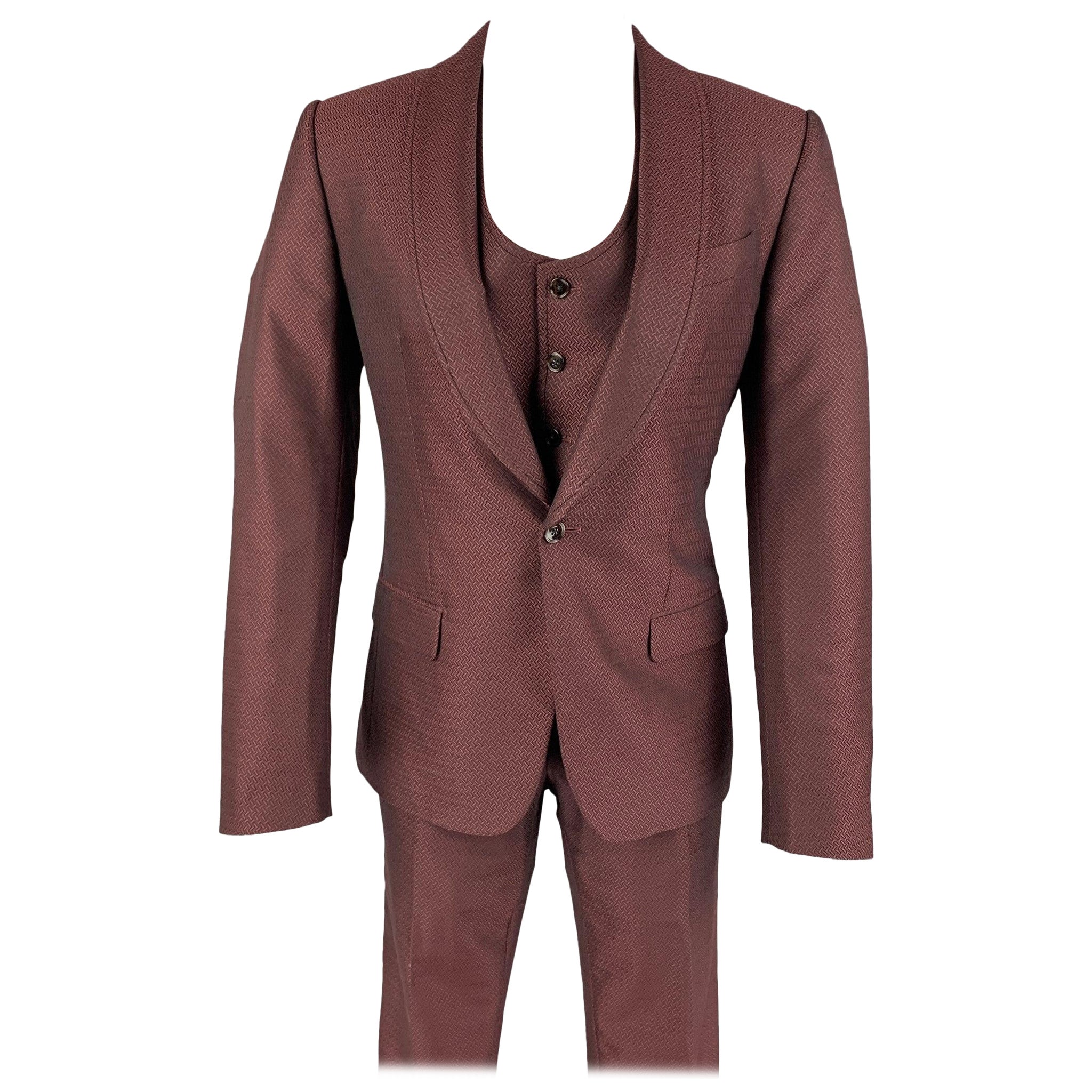 DOLCE & GABBANA Size 36 Burgundy Jacquard Wool Silk Shawl Collar 3 Piece Suit For Sale