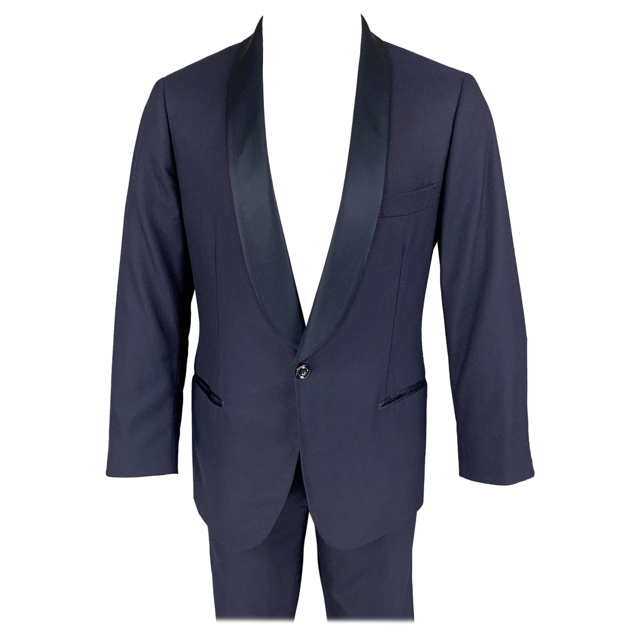 BRUNELLO CUCINELLI Size 40 Navy Cotton Silk Shawl Collar Suit For Sale