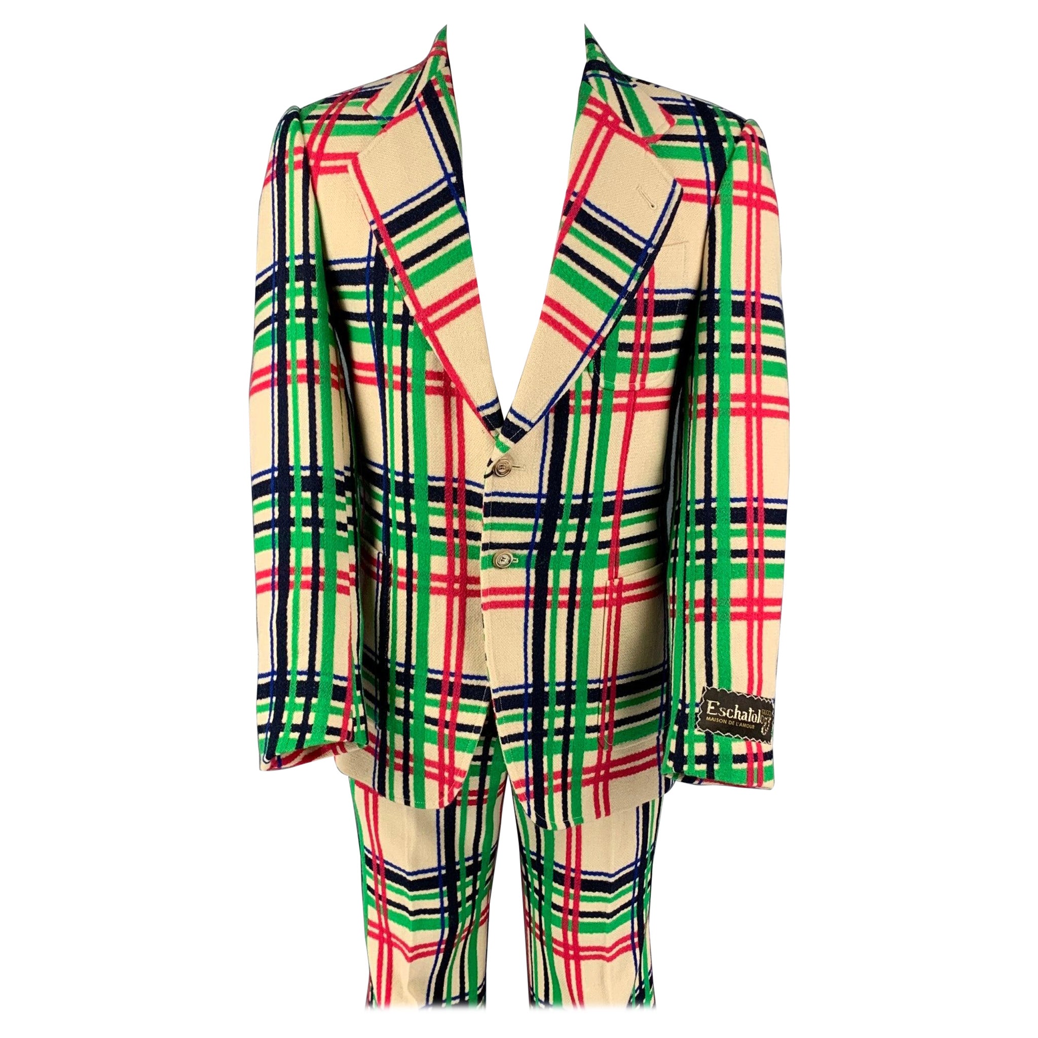 GUCCI SS 2021 Size 36 Cream Multi-Color Plaid Wool Cotton Notch Lapel Suit For Sale