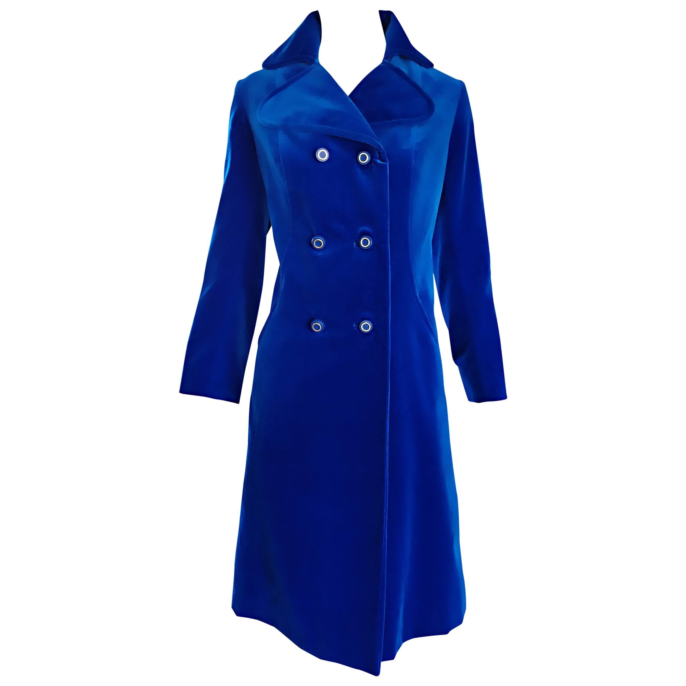 1960s Surrey Classics Cerulean Royal Blue Velvet Double Breasted Jacket Coat 