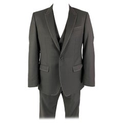 DOLCE & GABBANA Size 42 Black Contrast Stitch Wool Peak Lapel 3 Piece Suit