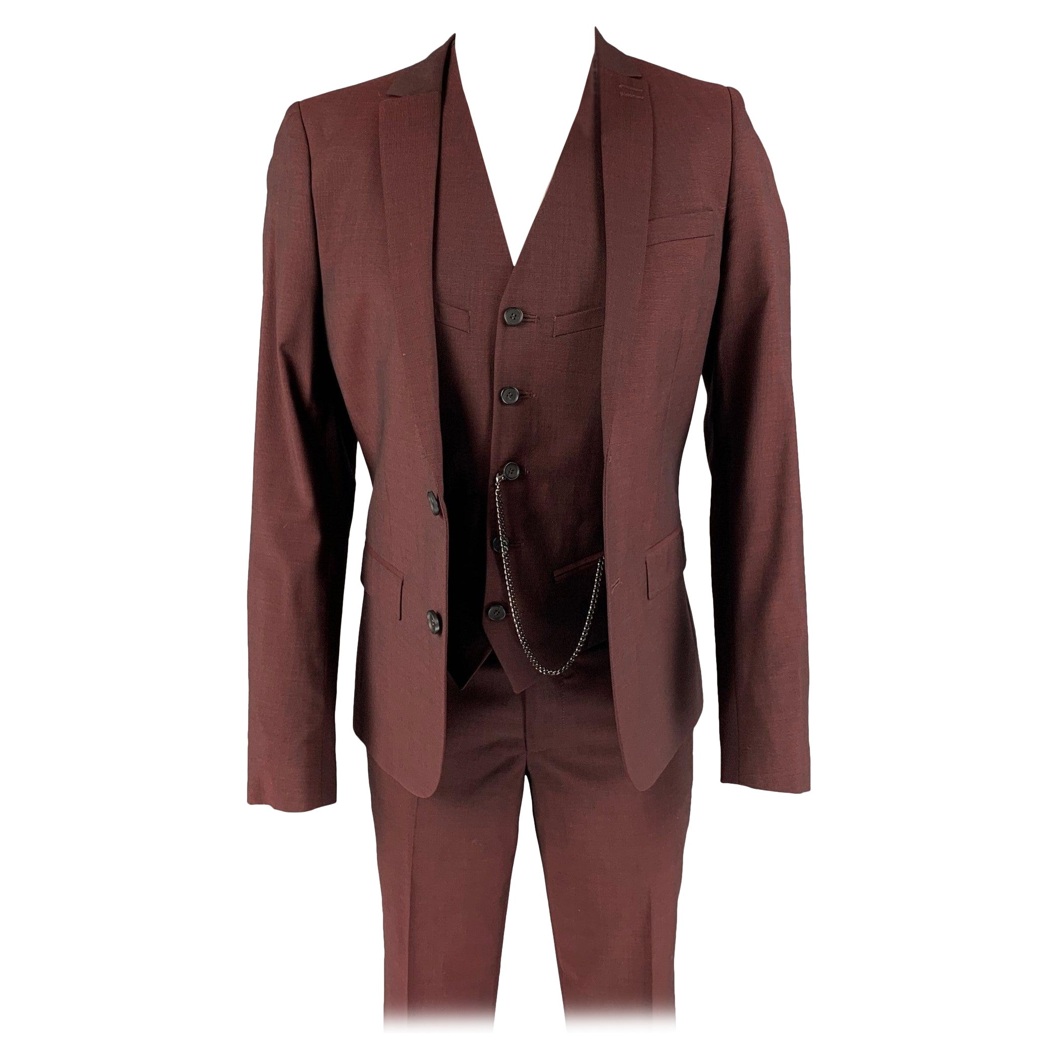 THE KOOPLES Size 34 Burgundy Wool Blend Notch Lapel 3 Piece Suit For Sale