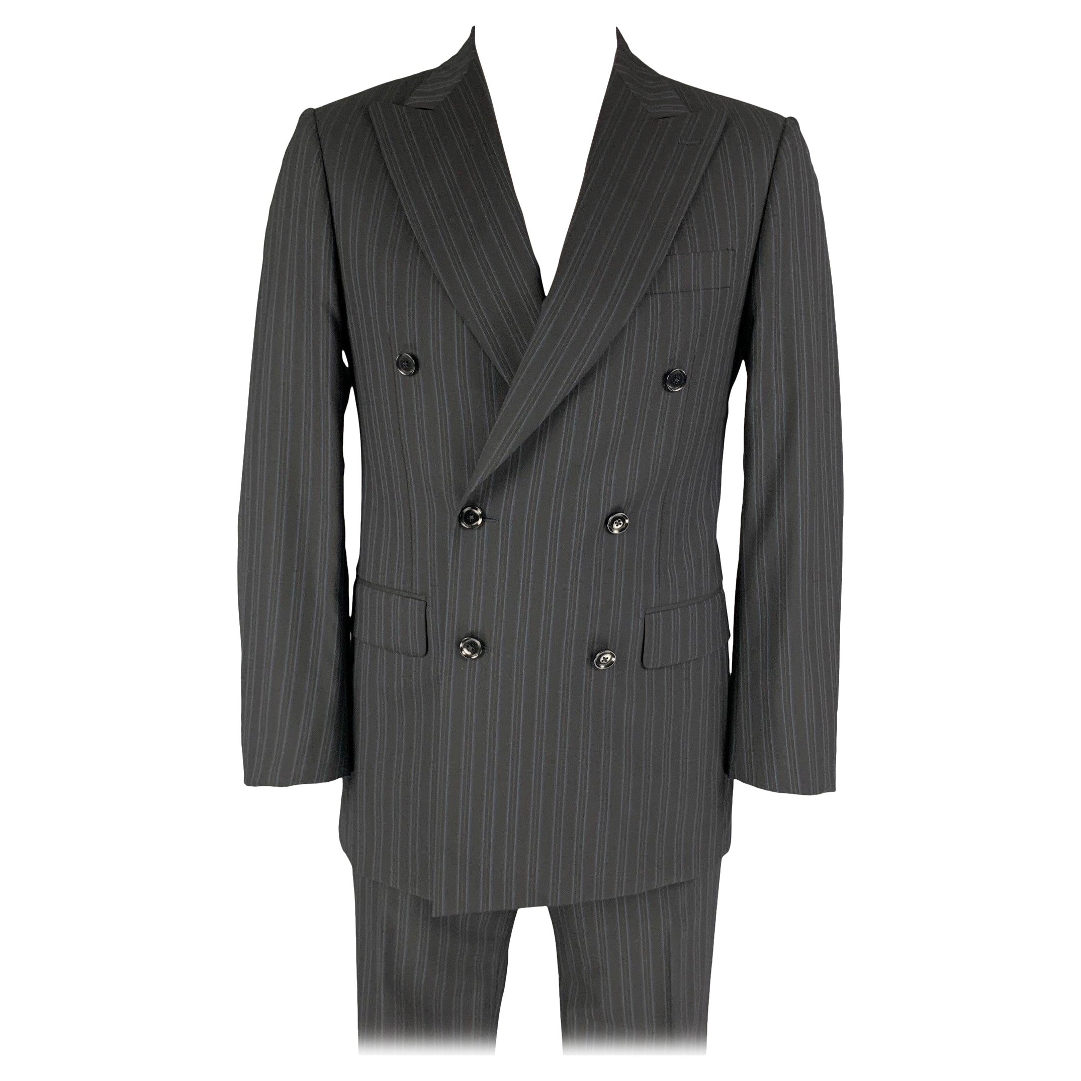 PAL ZILERI Size 40 Black Blue Stripe Wool Double Breasted Suit For Sale