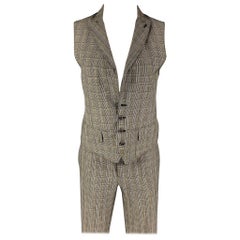 John Varvatos Taille 36 Costume gilet en laine Glenplaid, noir et blanc, avec revers à visière