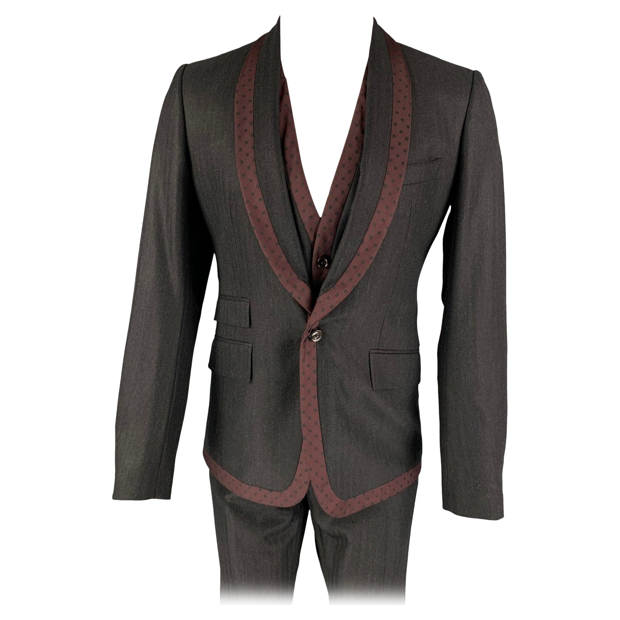 DOLCE & GABBANA Size 38 Grey Burgundy Polka Dot Virgin Wool 3 Piece Suit For Sale