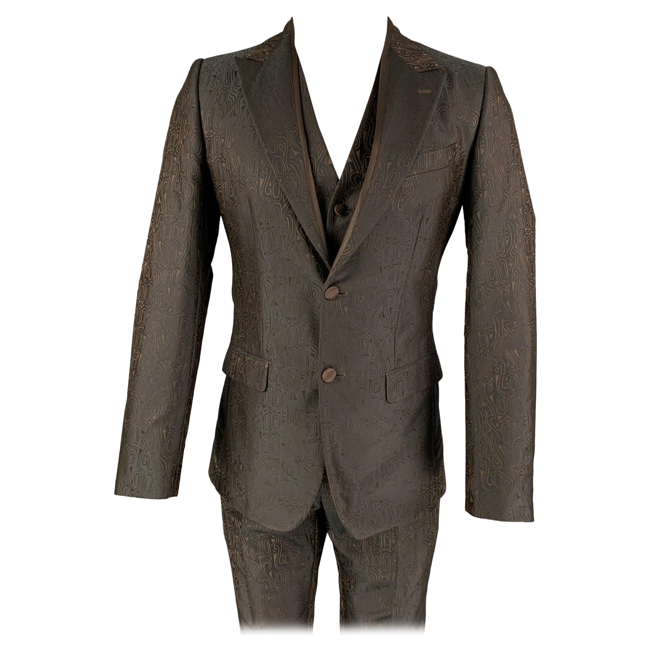 DOLCE & GABBANA Size 36 Brown Geometric Polyester Silk Blend 3 Piece Suit For Sale