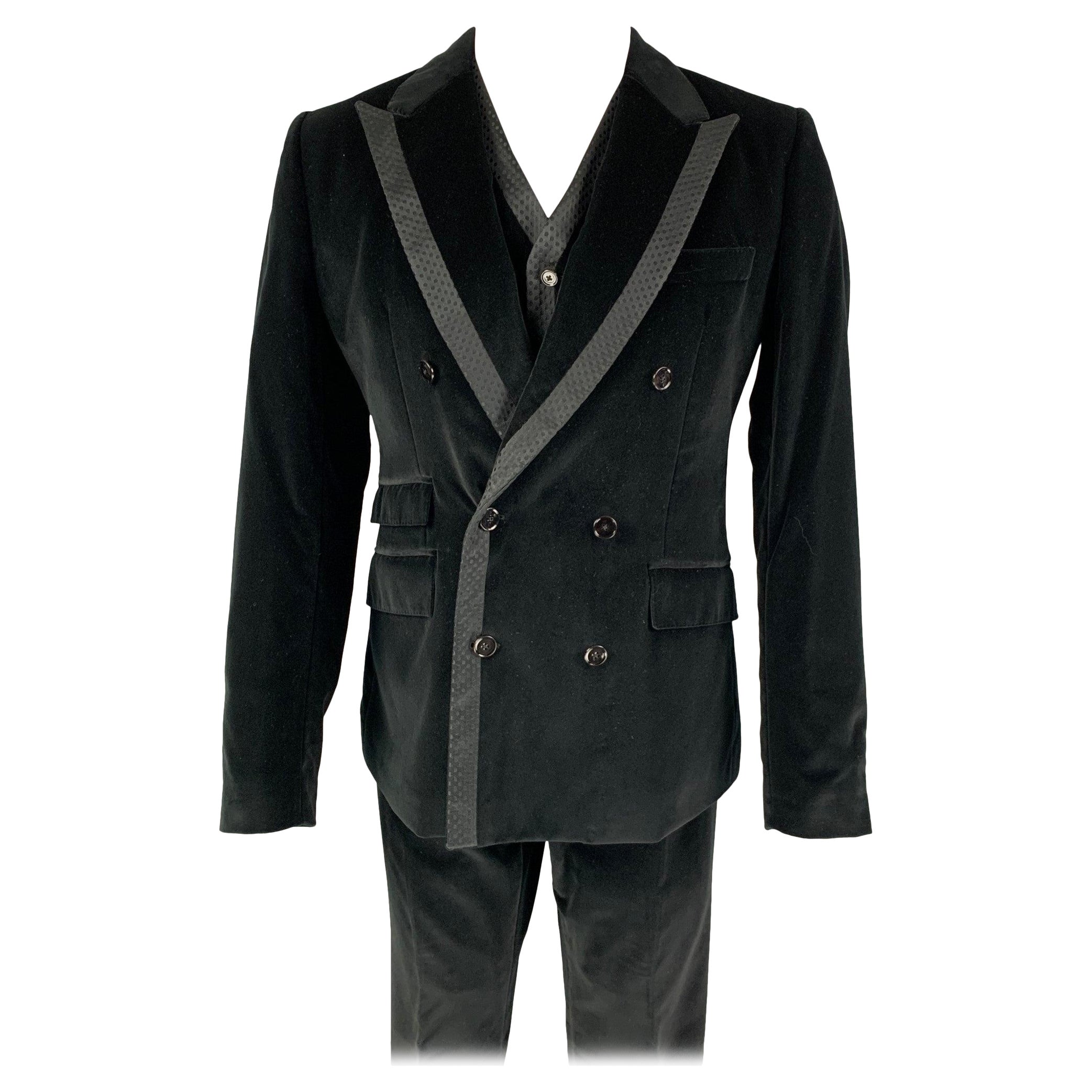 DOLCE & GABBANA Size 40 R Black Velvet Double Breasted 3 Piece Suit For Sale
