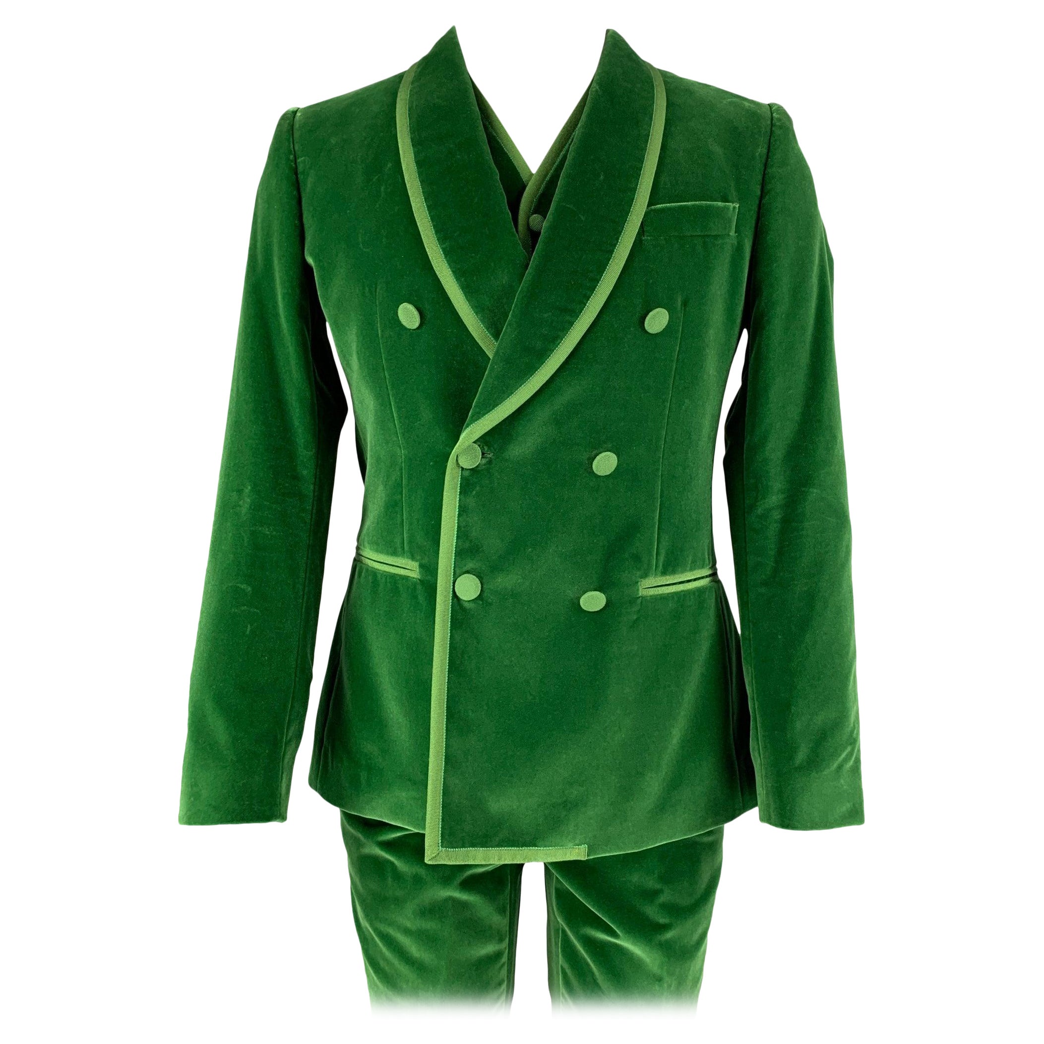 DOLCE & GABBANA Size 36 R Green Velvet Double Breasted Shawl 3 Piece Suit For Sale