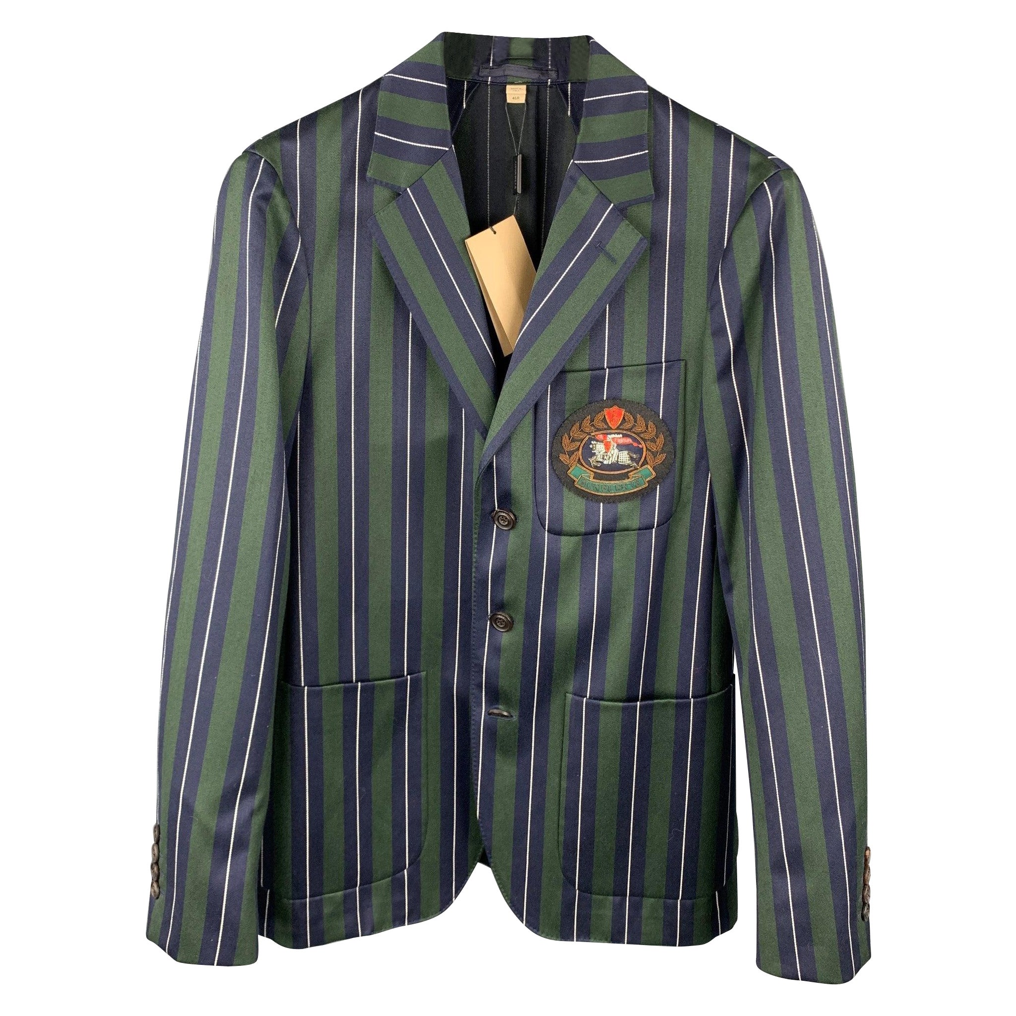 BURBERRY Size 36 Green & Navy Vertical Stripe Wool / Cotton Notch Lapel Suit For Sale