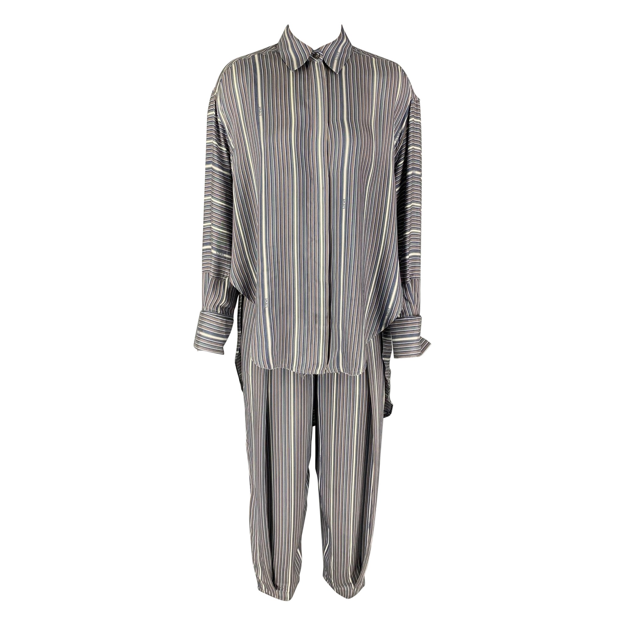 LOEWE Size 2 Grey White Blue Silk Stripe Asymmetrical Set For Sale