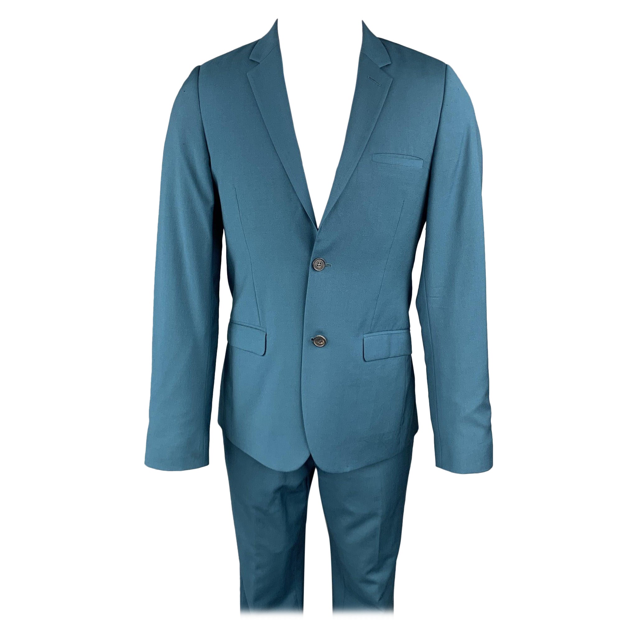 CALVIN KLEIN COLLECTION Size 36 Wool Notch Lapel Teal Suit For Sale