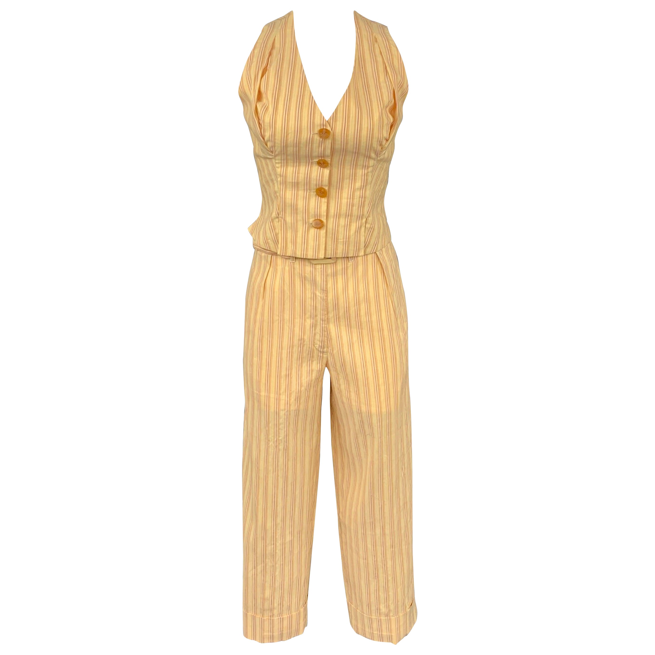 Ensemble gilet et pantalon VIVIENNE WESTWOOD, tailleur jaune, rouge, lin et coton, printemps 1995 en vente